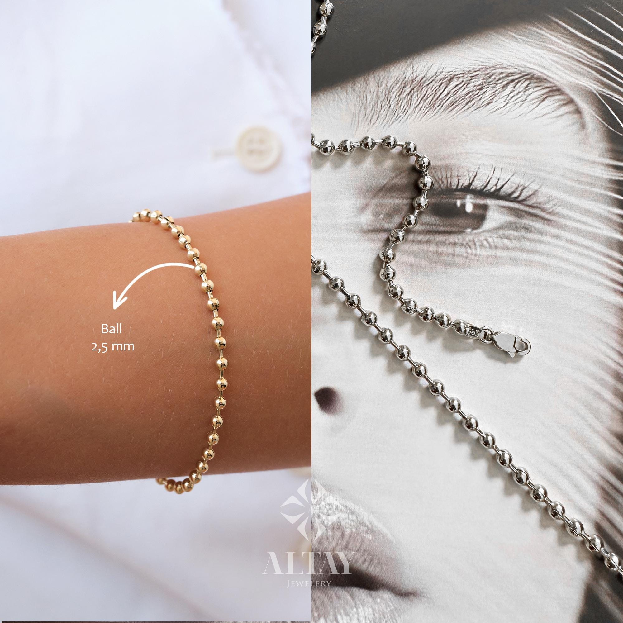 14K Gold Beaded Chain Bracelet, Italian Ball Bead Bracelet, 2.5 MM Layering Link Wristband, Delicate Dainty Gold Beads, Gift For Her Him