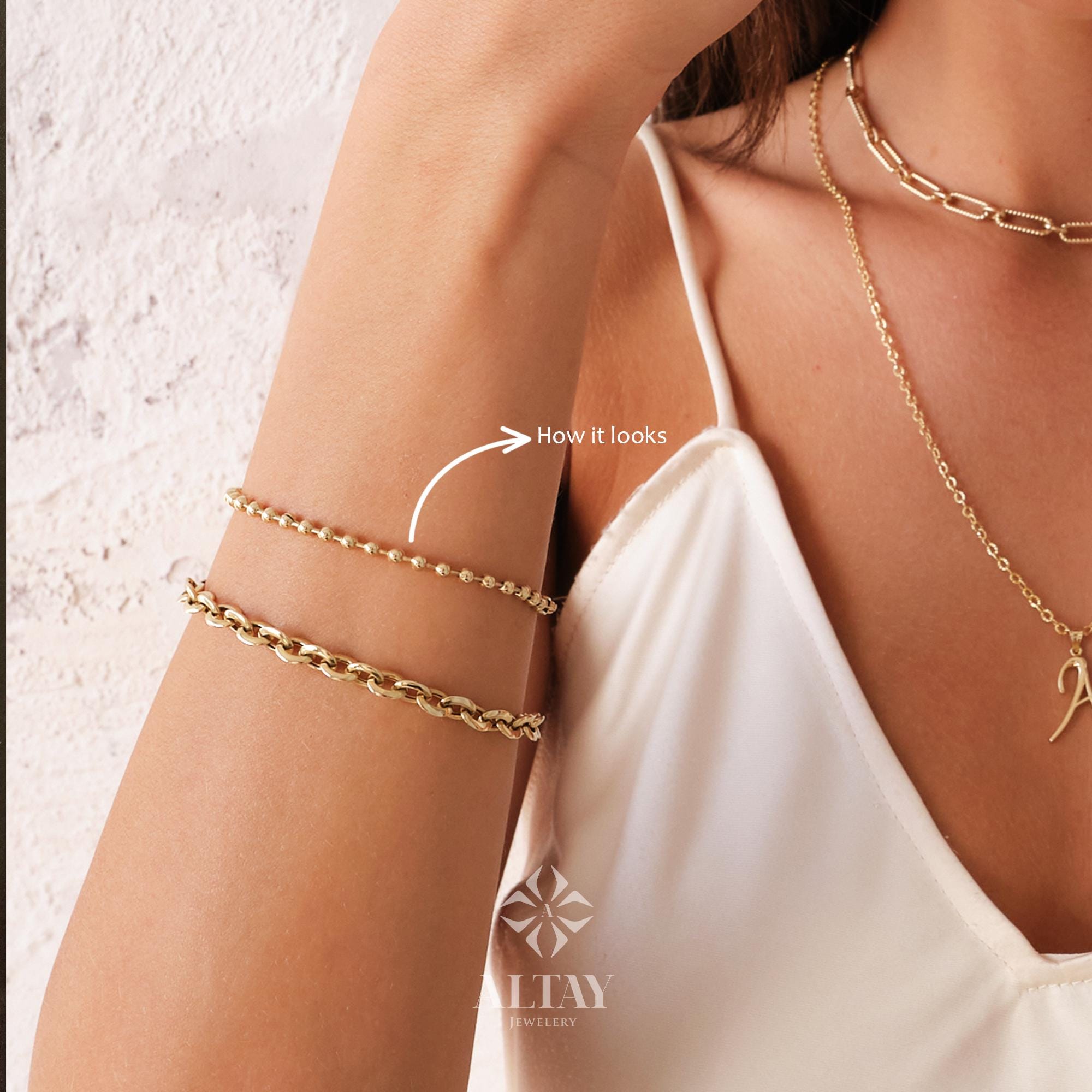 14K Gold Beaded Chain Bracelet, Italian Ball Bead Bracelet, 2.5 MM Layering Link Wristband, Delicate Dainty Gold Beads, Gift For Her Him