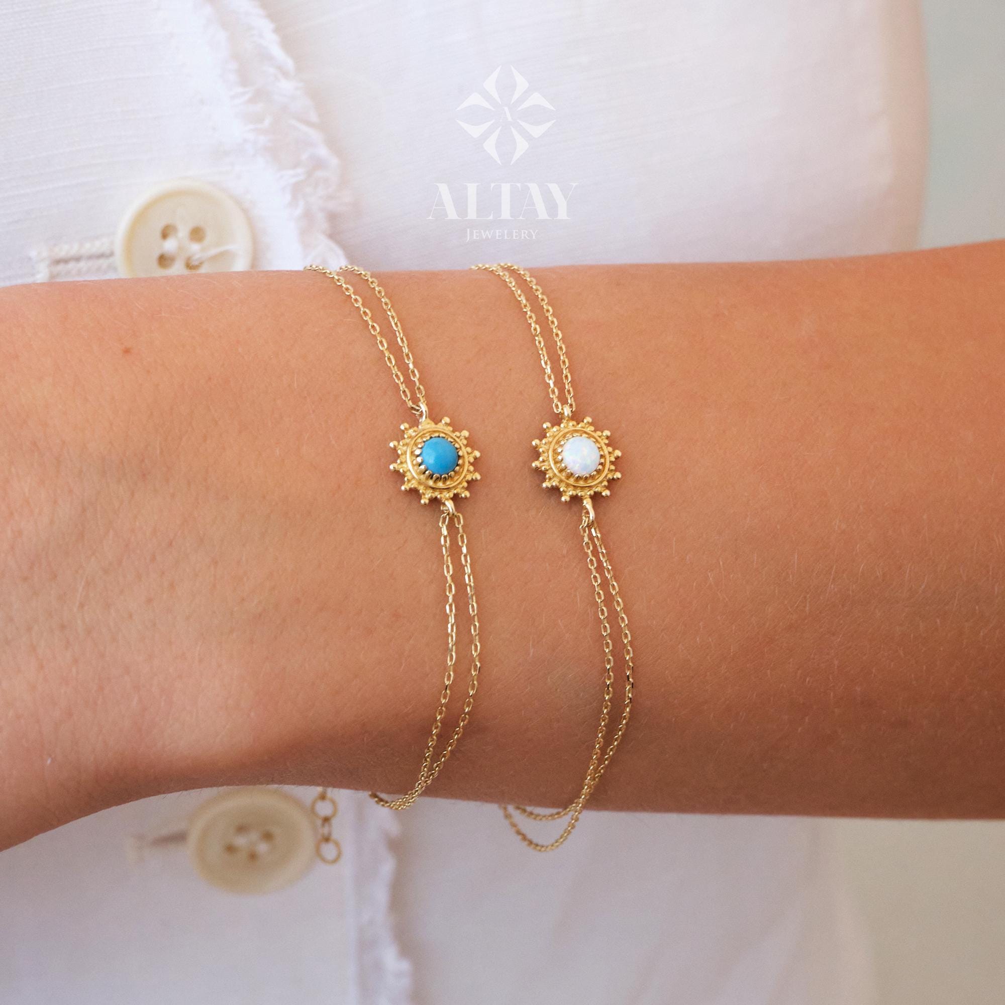 14K Gold Opal Bracelet, Blue and White Opal Charm Bracelet, Dainty Gold Stacking Bracelet, Opal Jewelry, Stacking Bracelet, Gift for Her
