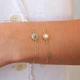 14K Gold Opal Bracelet, Blue and White Opal Charm Bracelet
