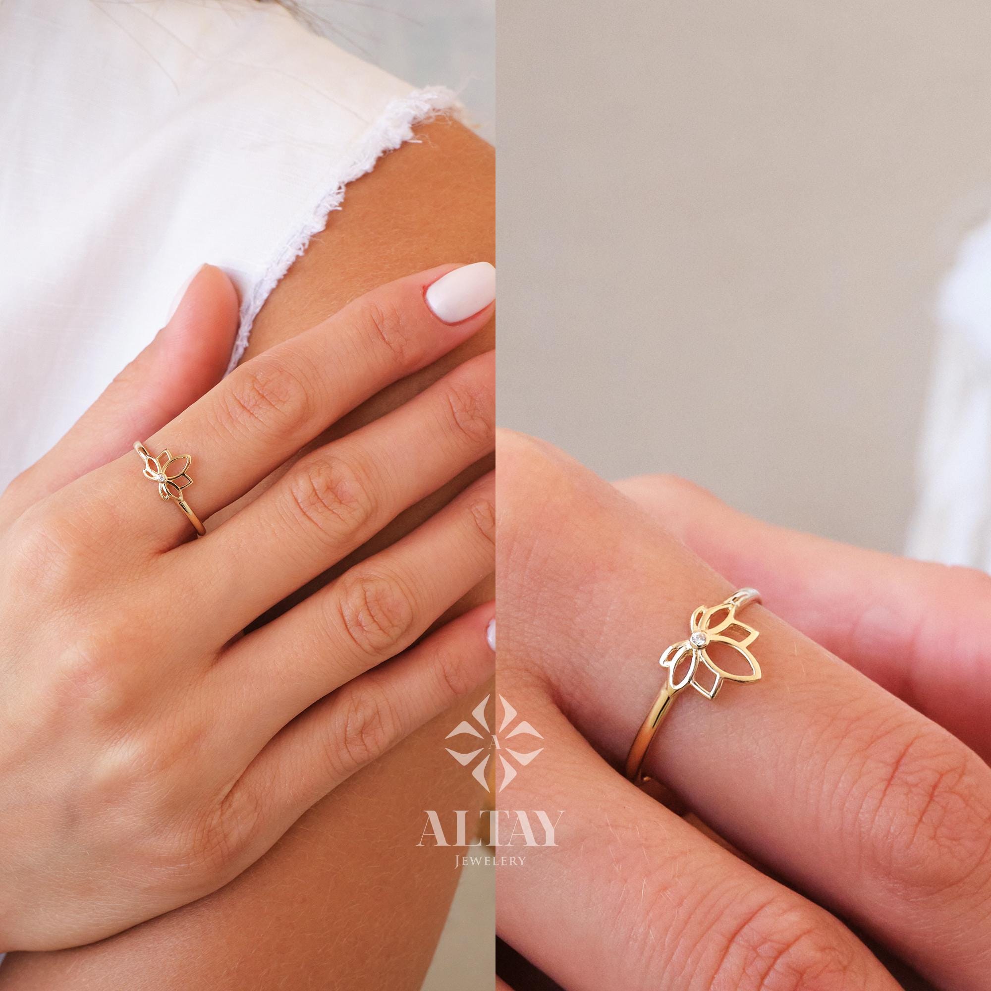 14K Gold Lotus Ring, Lotus Flower Ring, Dainty Gold Ring, Minimalist Ring, Meditation Ring, Stacking Ring, Lotus Floral Jewelry, Gift Mom