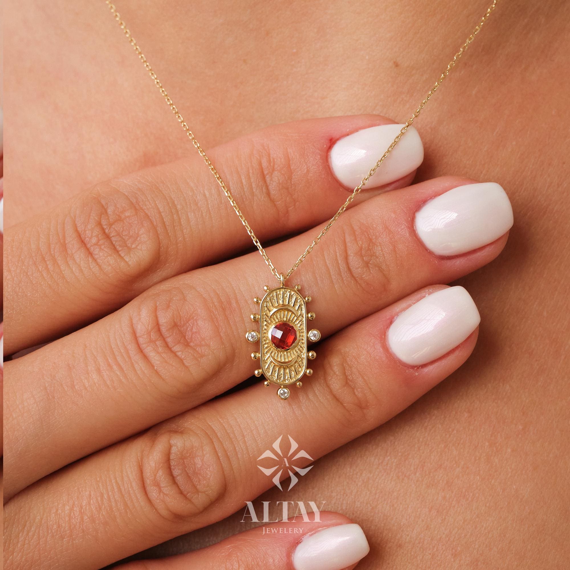 14K Gold Birthstone Pendant Necklace, Personalized Gold Necklace Garnet, Garnet Stone Necklace, Dainty Red Stone Necklace, Anniversary Gift
