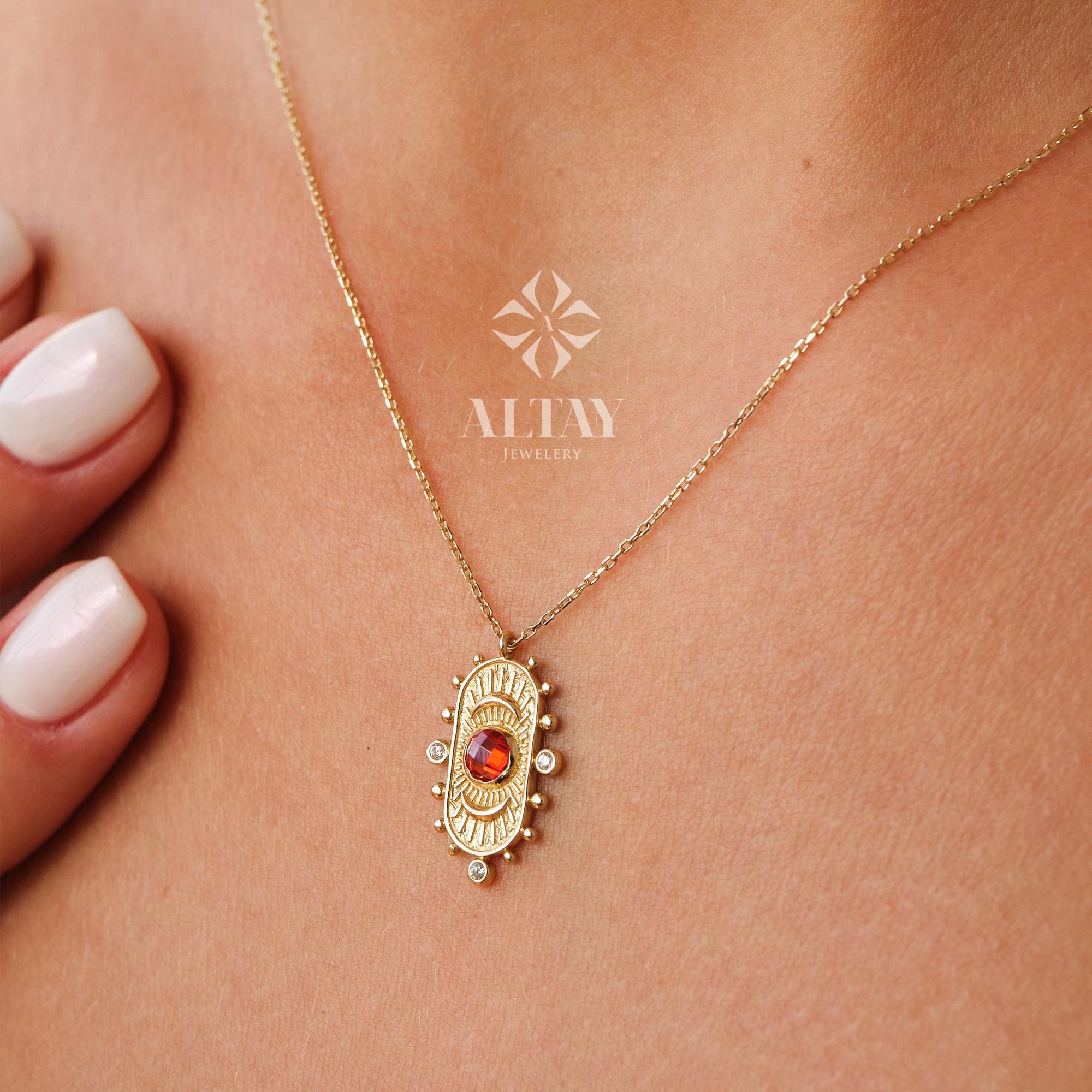 14K Gold Birthstone Pendant Necklace, Personalized Gold Necklace Garnet, Garnet Stone Necklace, Dainty Red Stone Necklace, Anniversary Gift