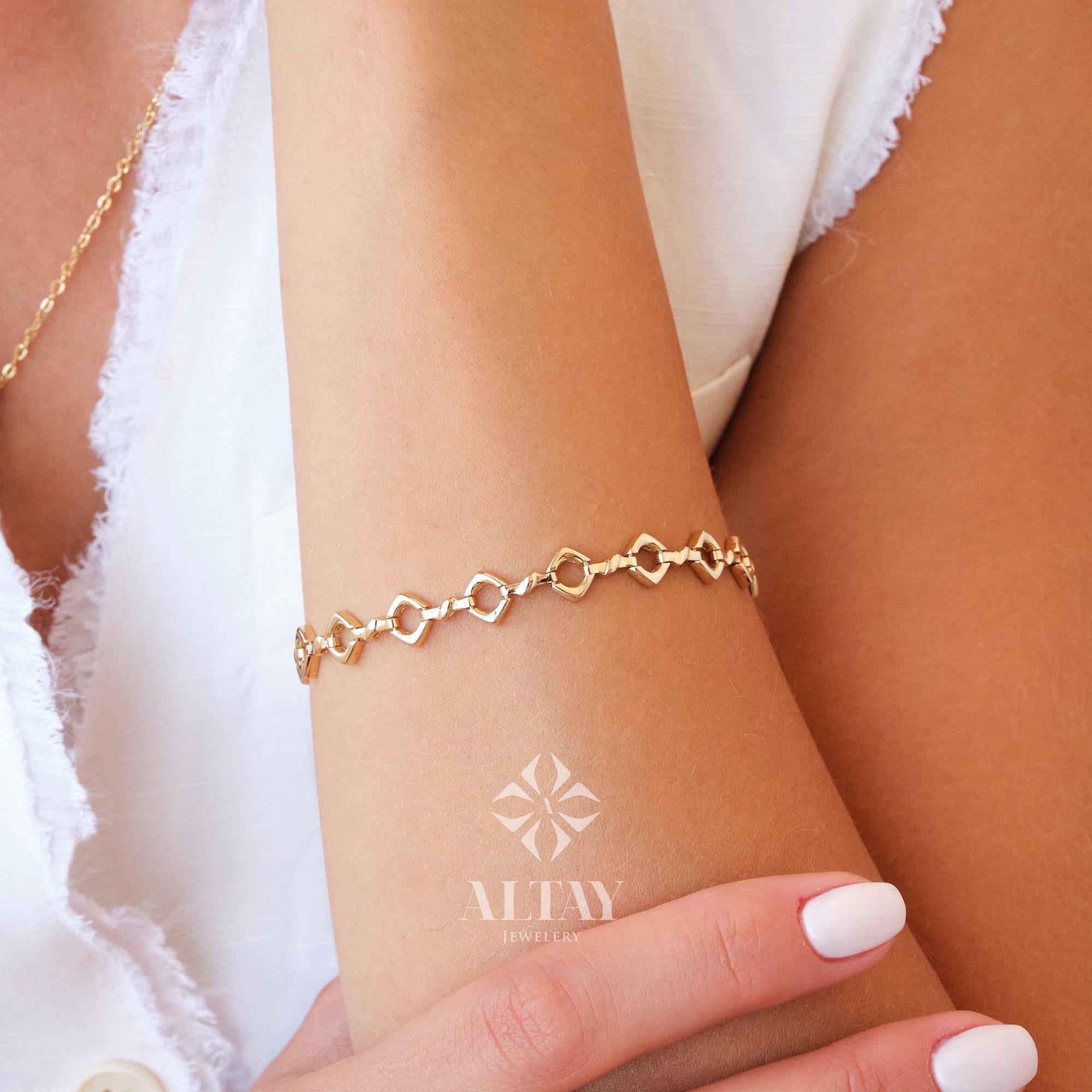 14K Gold Large Link Bracelet, Thick Square Chain Bracelet, Chunky Square Bracelet, Gold Statement Bracelet, Unique Round Chain Bracelet