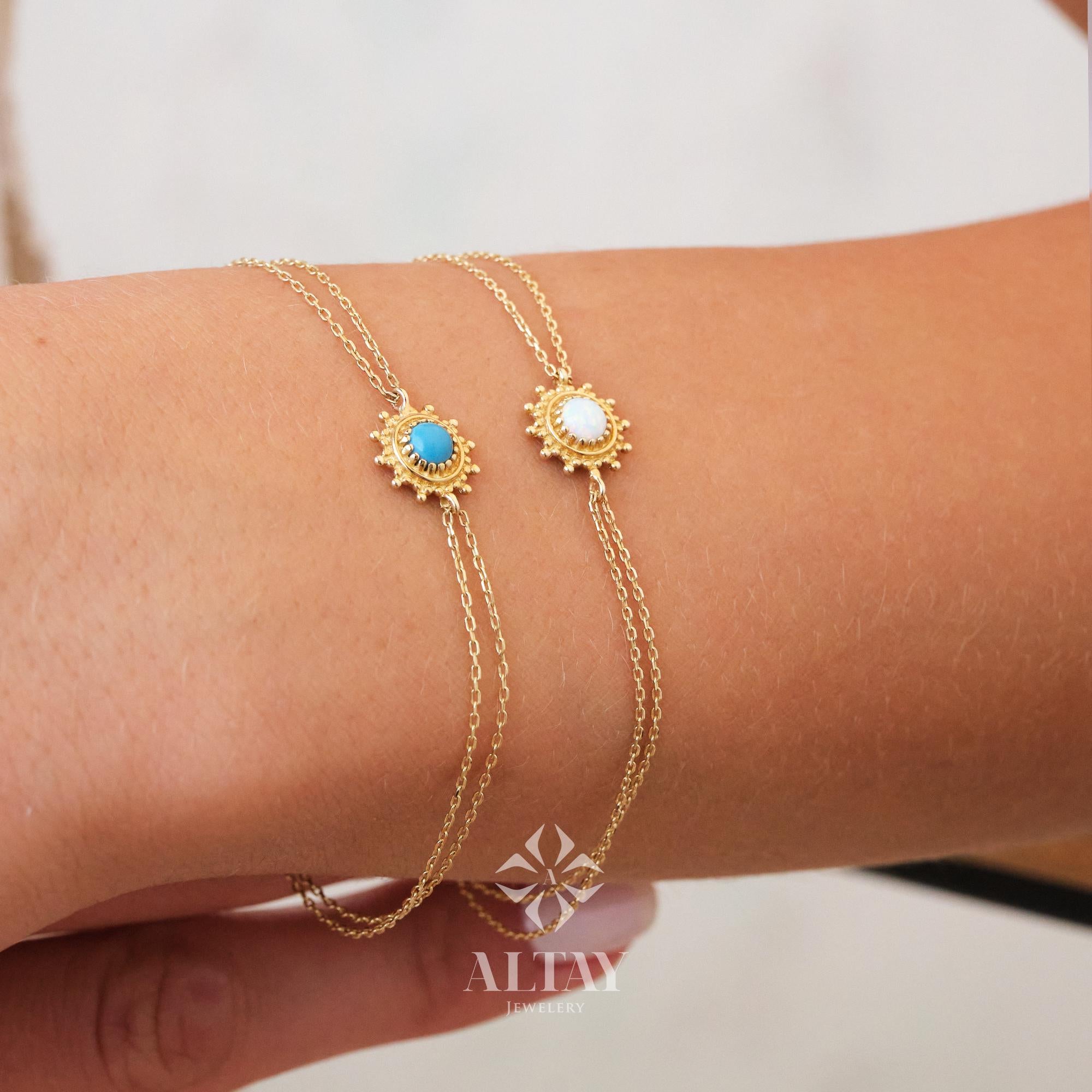 14K Gold Opal Bracelet, Blue and White Opal Charm Bracelet, Dainty Gold Stacking Bracelet, Opal Jewelry, Stacking Bracelet, Gift for Her