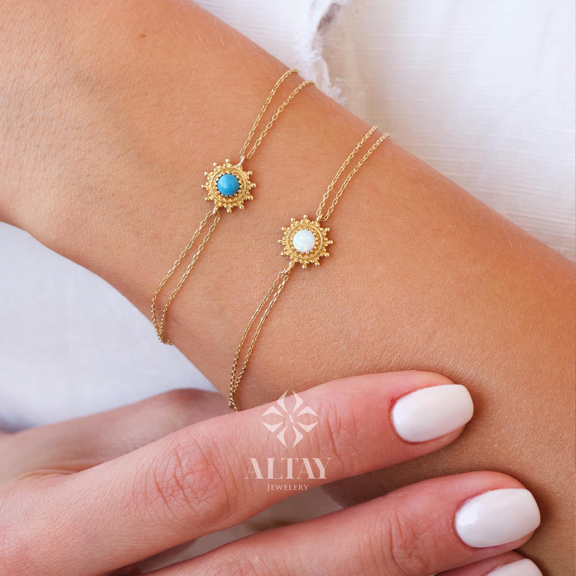 14K Gold Opal Bracelet, Blue and White Opal Charm Bracelet, Dainty Gold Stacking Bracelet, Opal Jewelry, Stacking Bracelet, Gift for Her