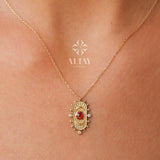 14K Gold Birthstone Pendant Necklace, Personalized Gold Necklace Garnet
