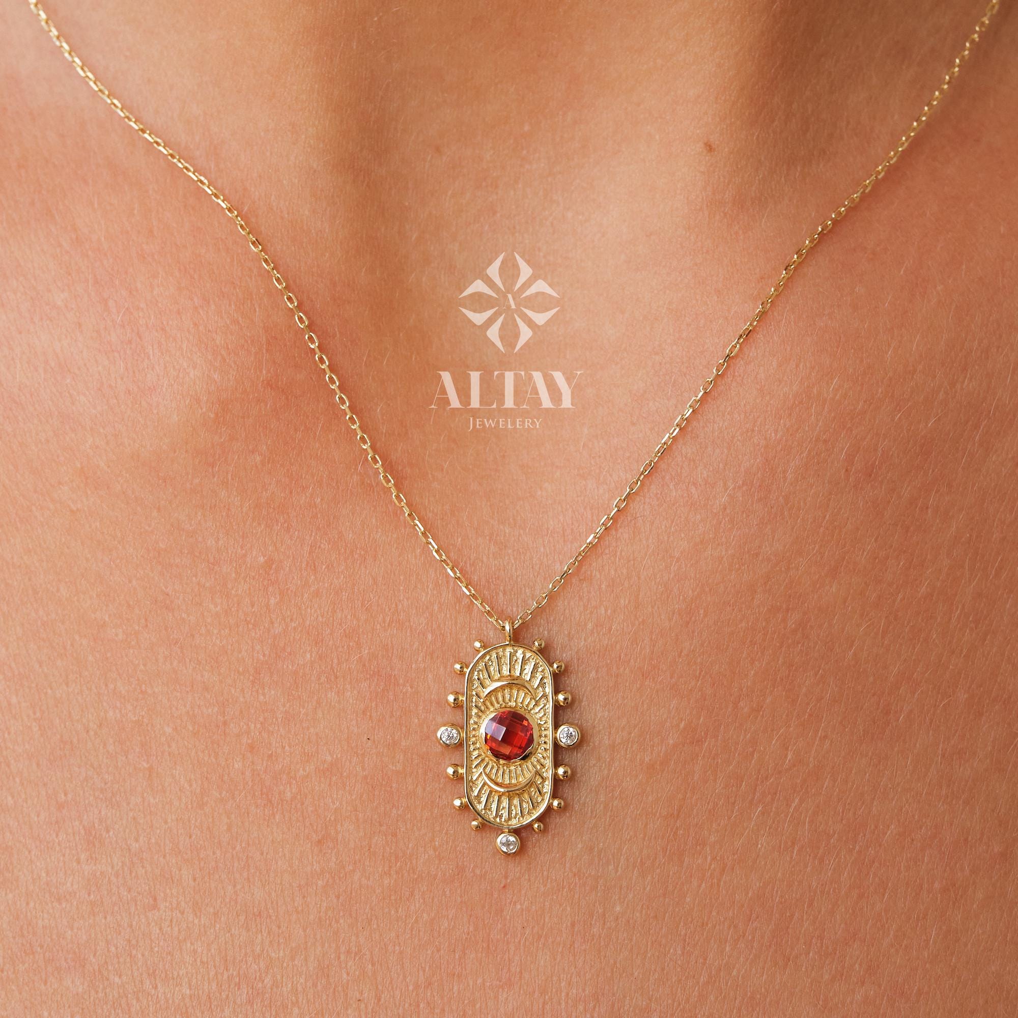 14K Gold Birthstone Pendant Necklace, Personalized Gold Necklace Garnet, Garnet Stone Necklace, Dainty Red Stone Necklace, Anniversary Gift