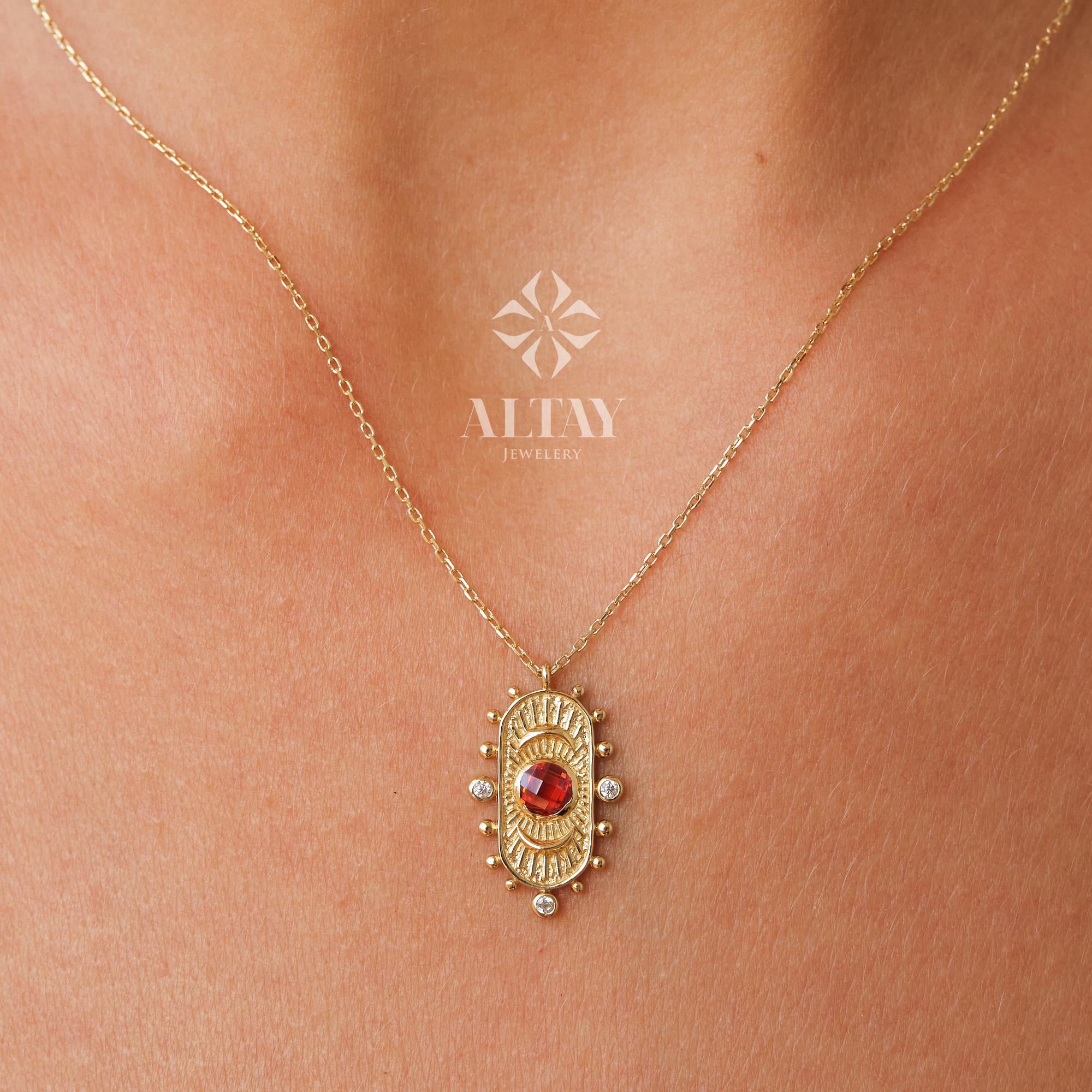 14K Gold Birthstone Pendant Necklace, Personalized Gold Necklace Garnet, Garnet Stone Necklace, Dainty Red Stone Necklace, Anniversary Gift
