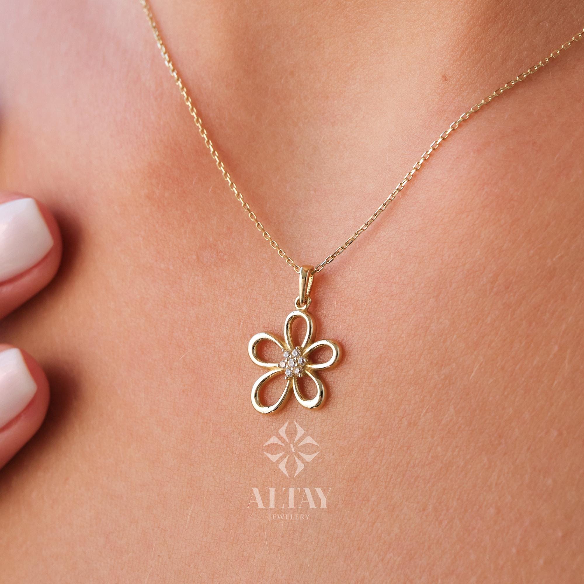 14K Gold Daisy Pendant, Gold Cz Diamond Flower Necklace, Charm Choker, Gift for Her, Daisy Charm, Dainty Everyday Daisy Jewelry