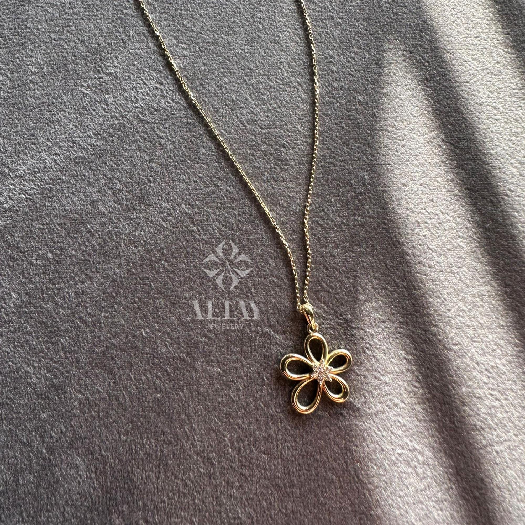 14K Gold Daisy Pendant, Gold Cz Diamond Flower Necklace