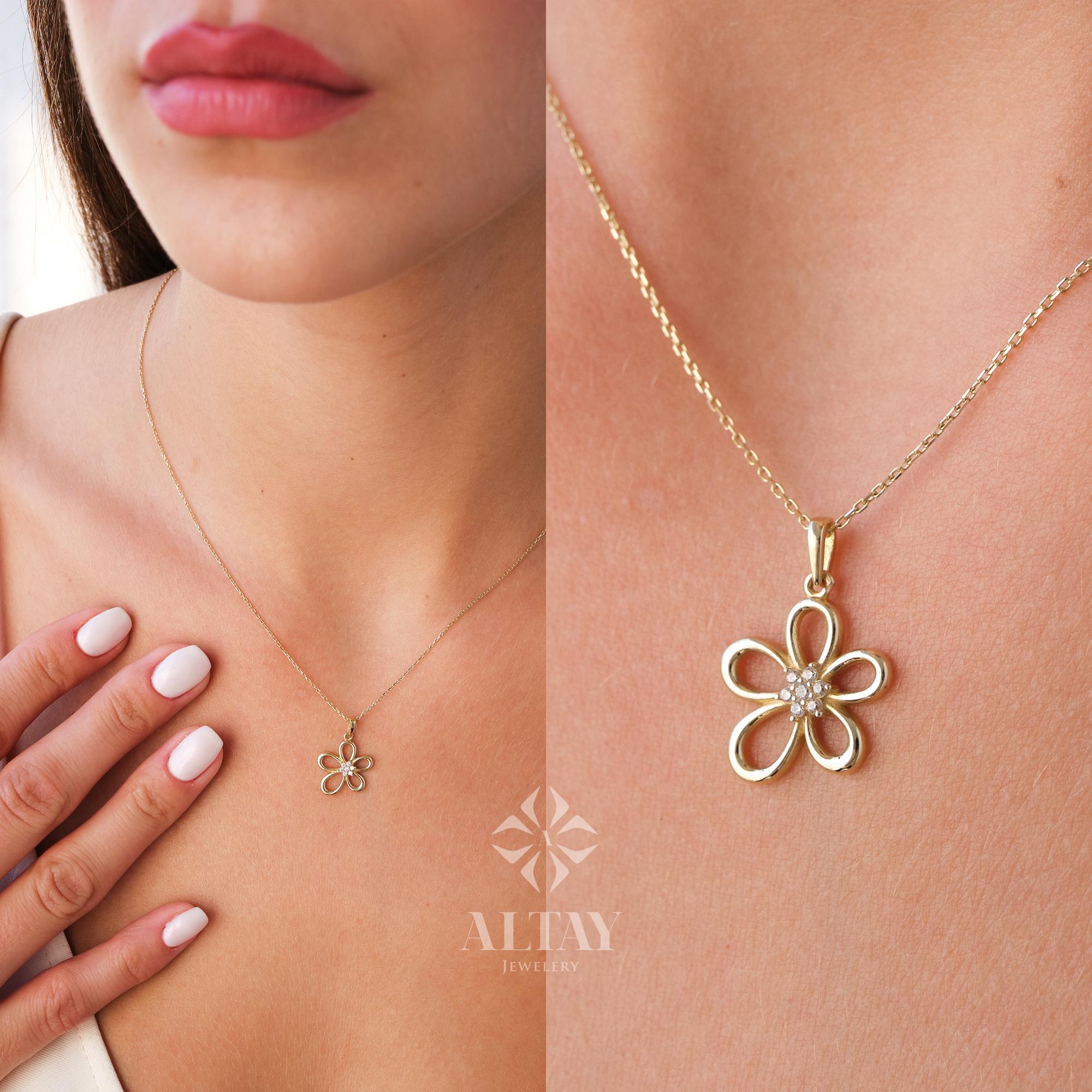 14K Gold Daisy Pendant, Gold Cz Diamond Flower Necklace, Charm Choker, Gift for Her, Daisy Charm, Dainty Everyday Daisy Jewelry