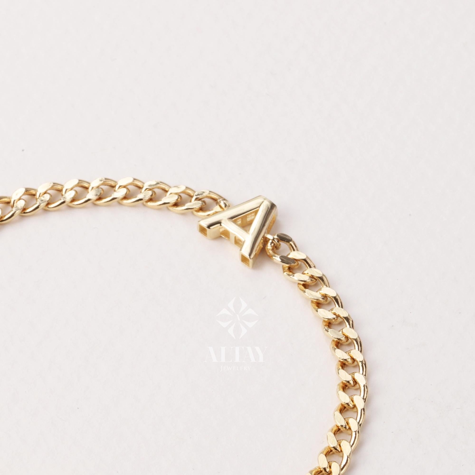 14K Gold Cuban Link Initial Bracelet, 3.5 mm Curb Letter Chain, Custom Miami Cuban Bold Link, Personalized Bracelet, Name Gift For Her Men