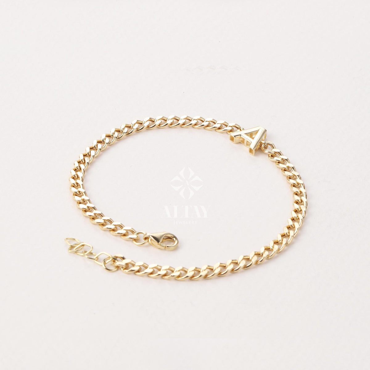 14K Gold Cuban Link Initial Bracelet, 3.5 mm Curb Letter Chain, Custom Miami Cuban Bold Link, Personalized Bracelet, Name Gift For Her Men