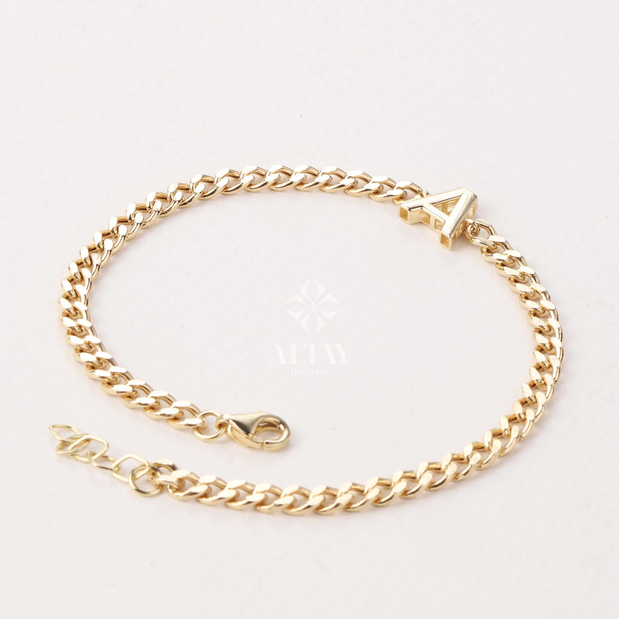 14K Gold Cuban Link Initial Bracelet, 3.5 mm Curb Letter Chain, Custom Miami Cuban Bold Link, Personalized Bracelet, Name Gift For Her Men