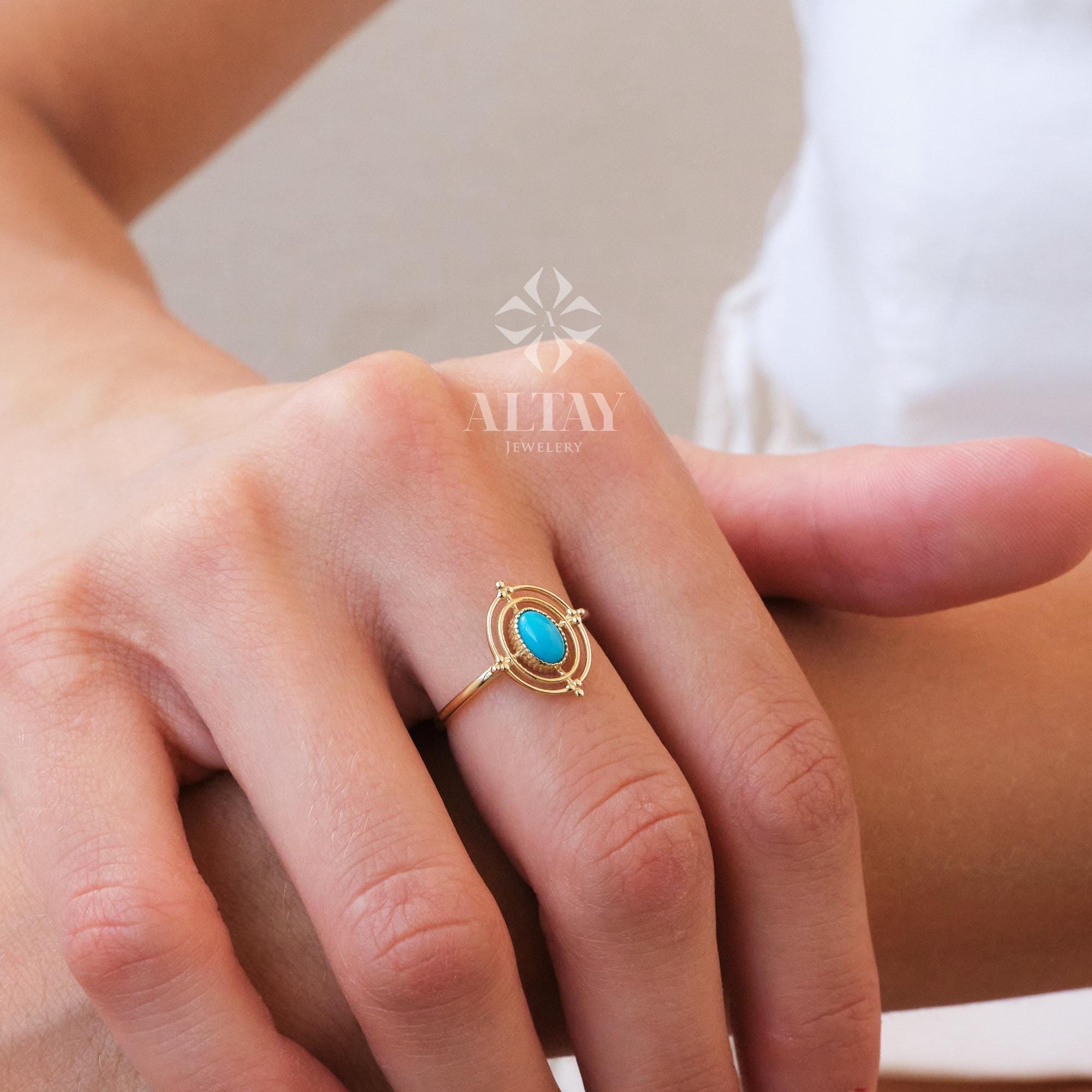 14K Gold Turquoise Stone Ring, Compass Polar Star Band, North Star Turquoise Ring, Astrology Starburst Ring, Luck Star, Celestial Pinky Ring