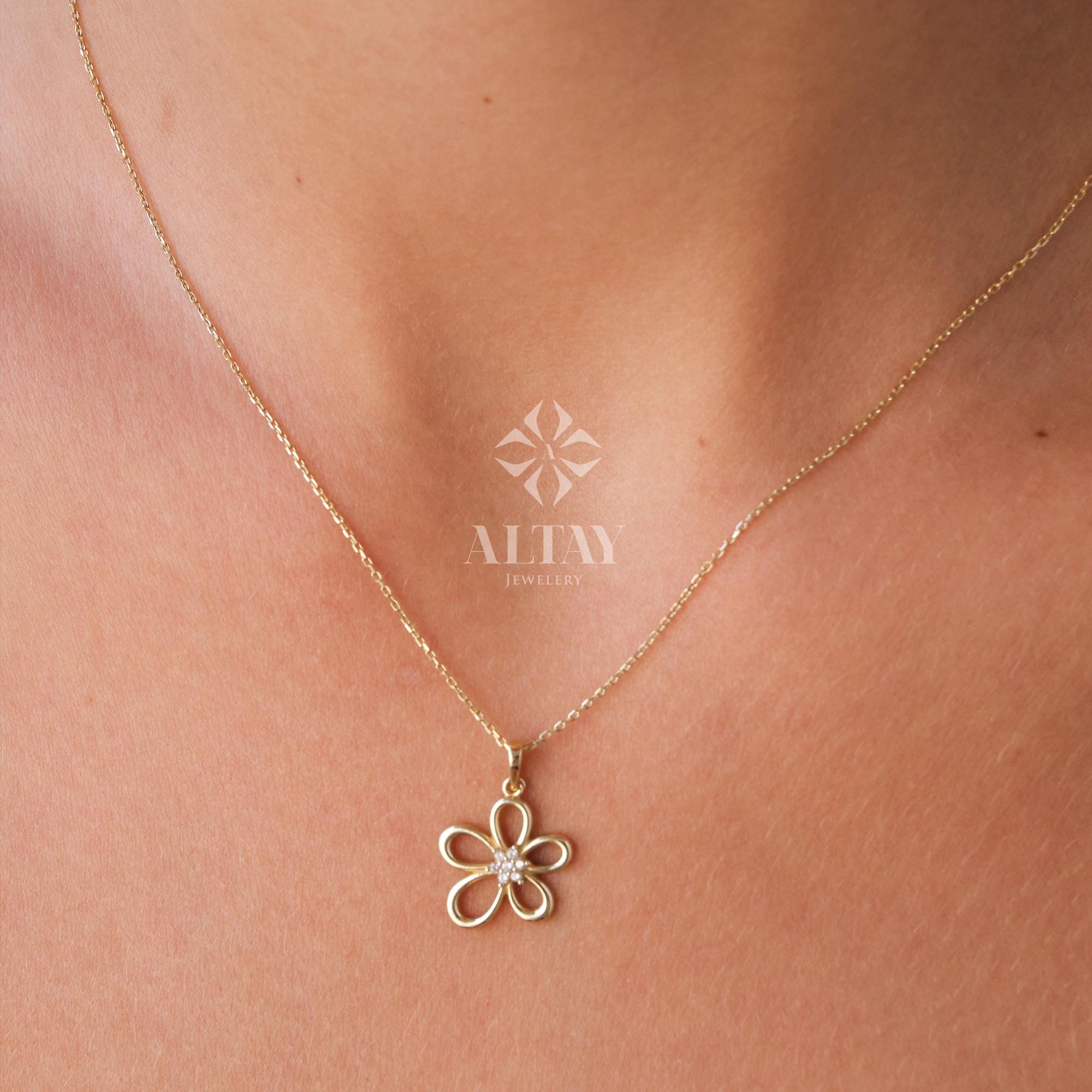 14K Gold Daisy Pendant, Gold Cz Diamond Flower Necklace, Charm Choker, Gift for Her, Daisy Charm, Dainty Everyday Daisy Jewelry