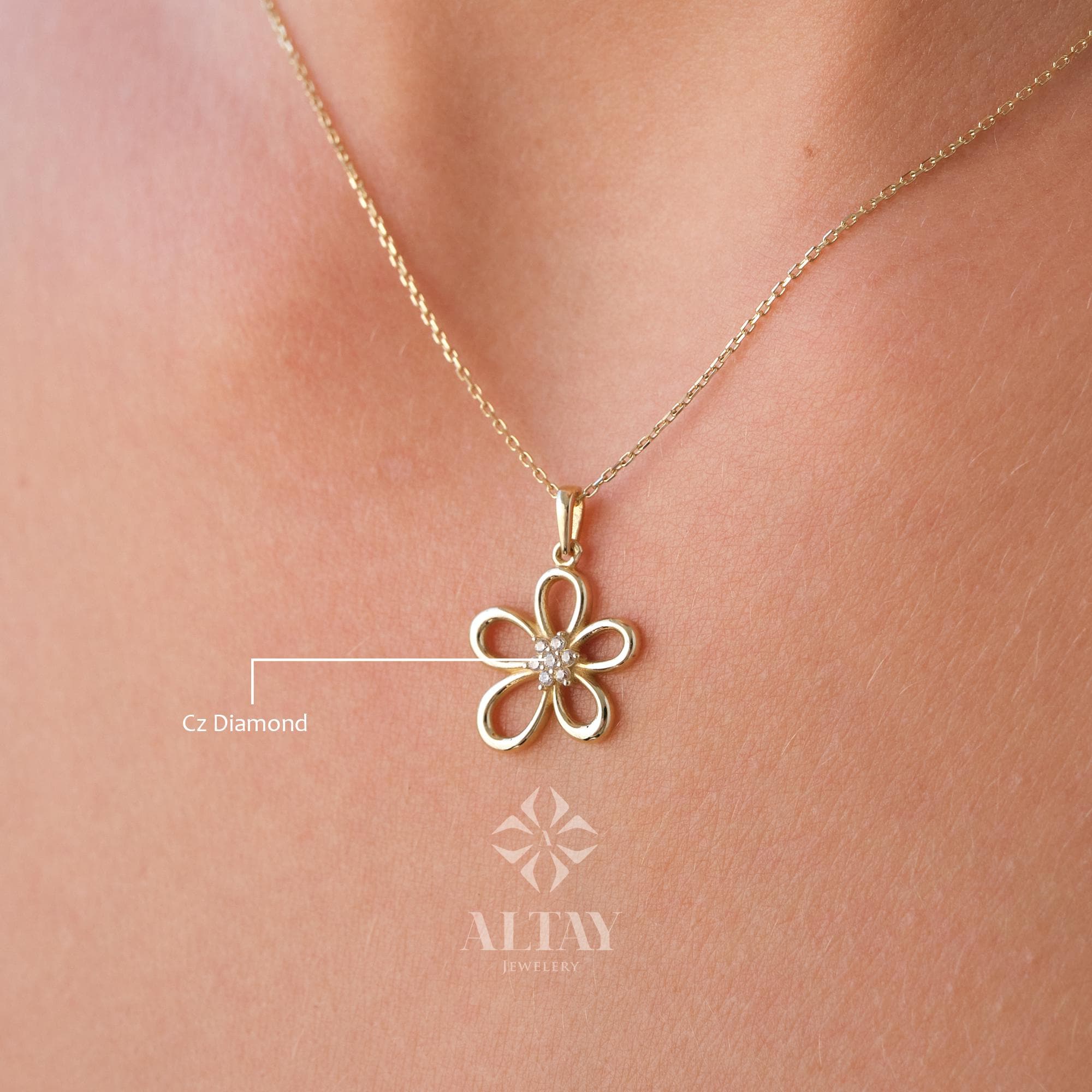 14K Gold Daisy Pendant, Gold Cz Diamond Flower Necklace, Charm Choker, Gift for Her, Daisy Charm, Dainty Everyday Daisy Jewelry