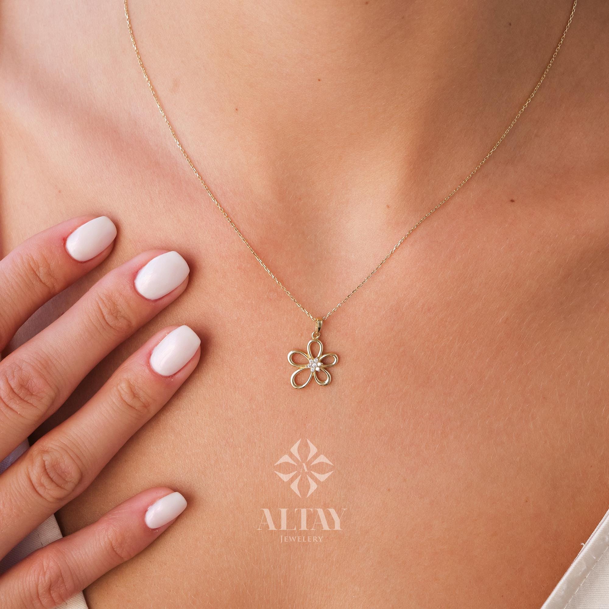 14K Gold Daisy Pendant, Gold Cz Diamond Flower Necklace, Charm Choker, Gift for Her, Daisy Charm, Dainty Everyday Daisy Jewelry