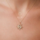 14K Gold Sun Necklace, Sunburst Celestial Pendant