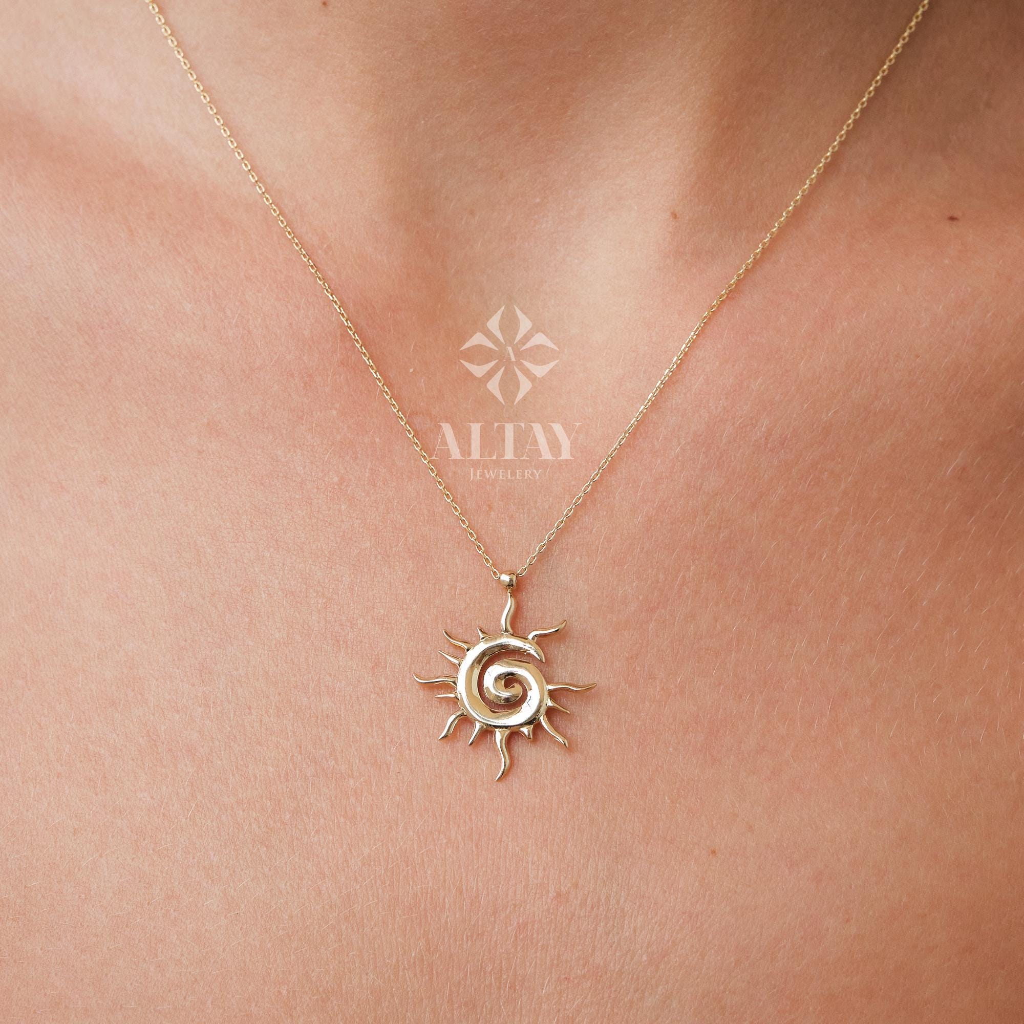 14K Gold Sun Necklace, Sunburst Celestial Pendant, Sun Charm Choker, Swirl Sun Medallion, Gold Layering Chain, Gold Solar Necklace, Gift