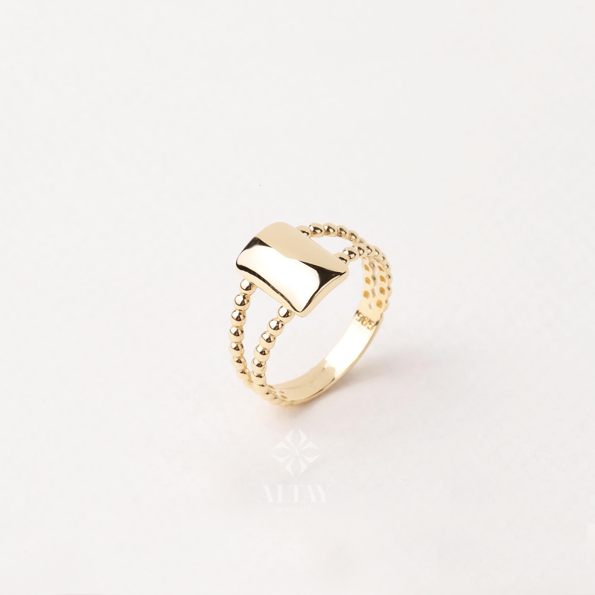 14K Gold Rectangle Name Ring, Plain Stacking Ring, Date Bar Nameplate, Stackable Knuckle, Custom Name Ring, Flower Engraved Personalized