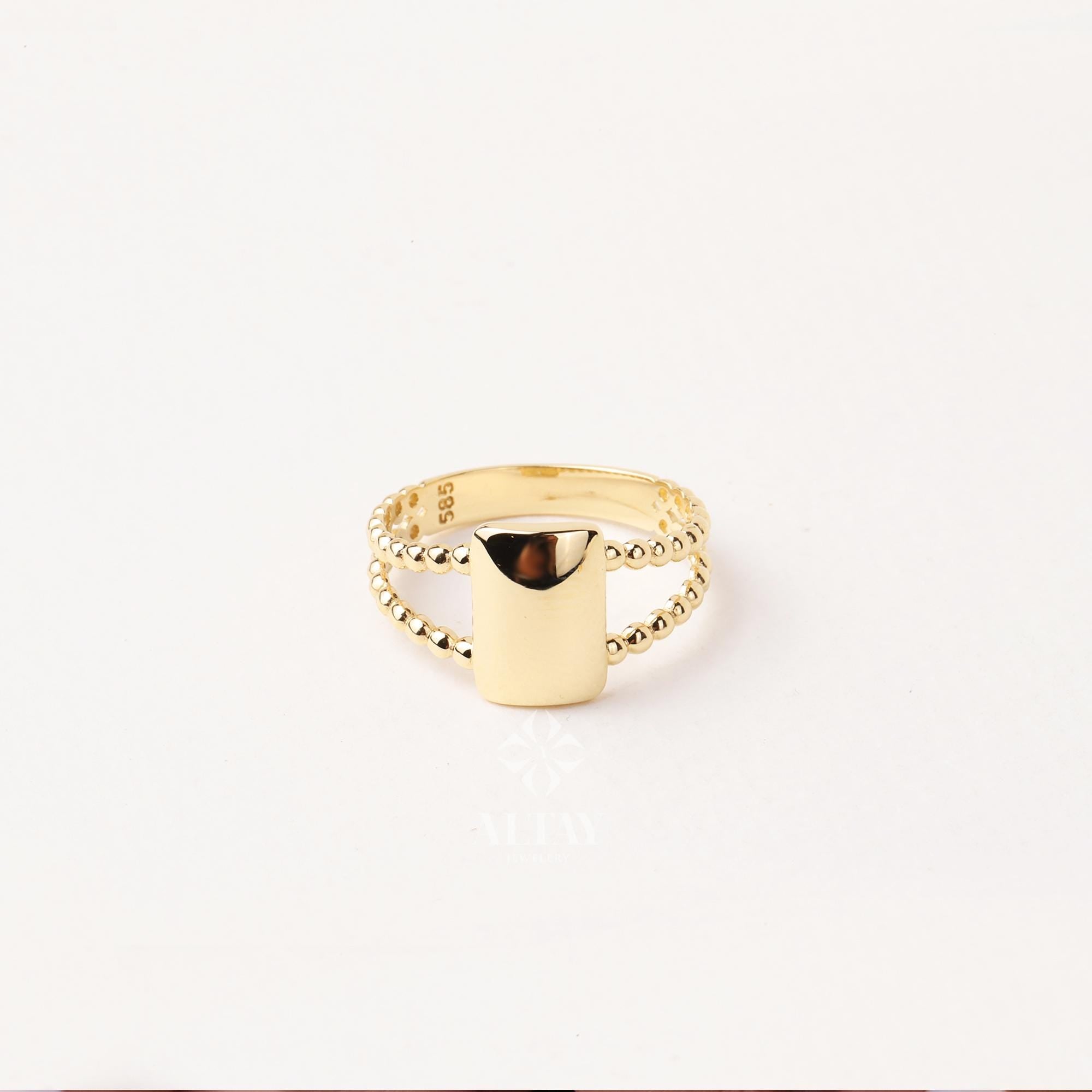 14K Gold Rectangle Name Ring, Plain Stacking Ring, Date Bar Nameplate, Stackable Knuckle, Custom Name Ring, Flower Engraved Personalized