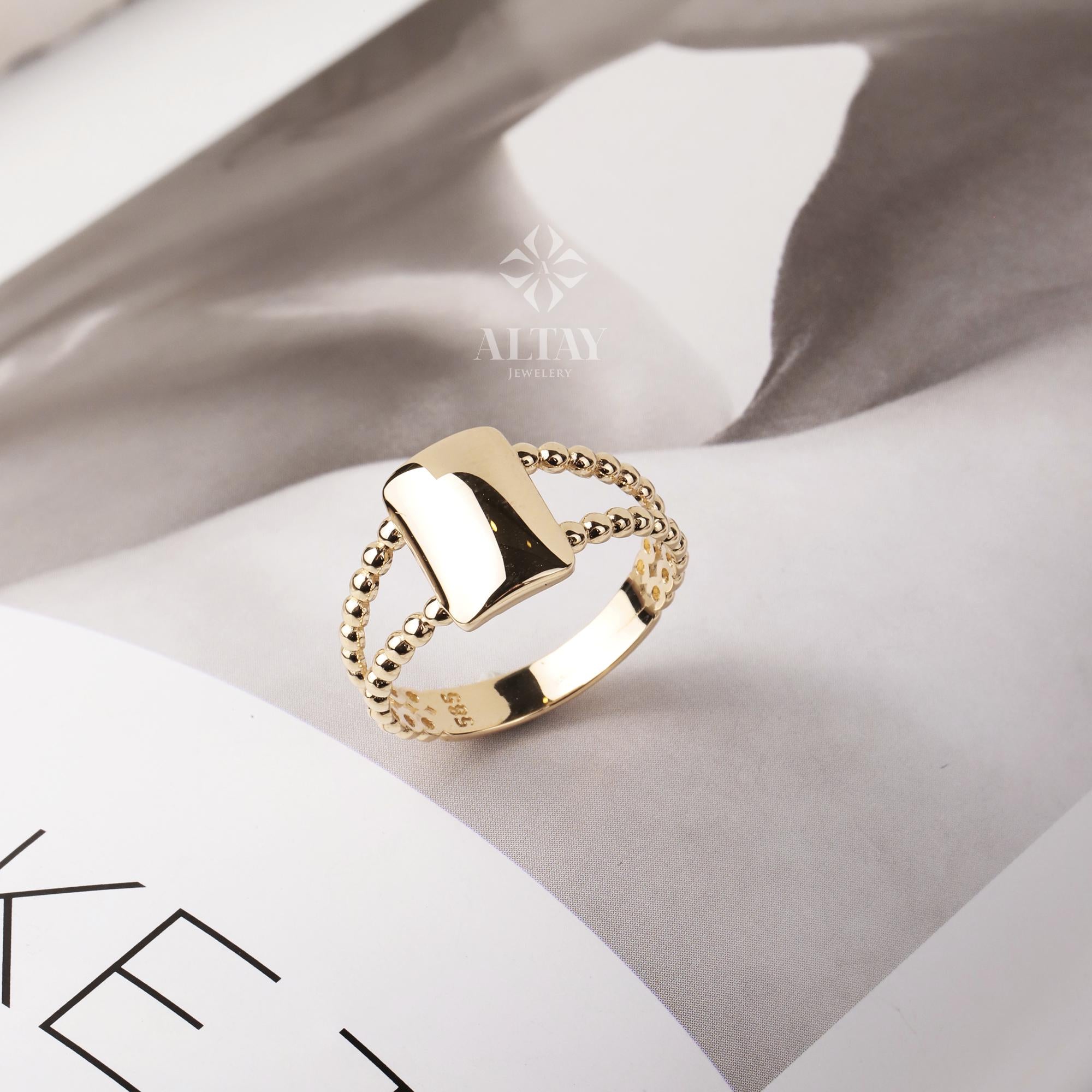 14K Gold Rectangle Name Ring, Plain Stacking Ring, Date Bar Nameplate, Stackable Knuckle, Custom Name Ring, Flower Engraved Personalized