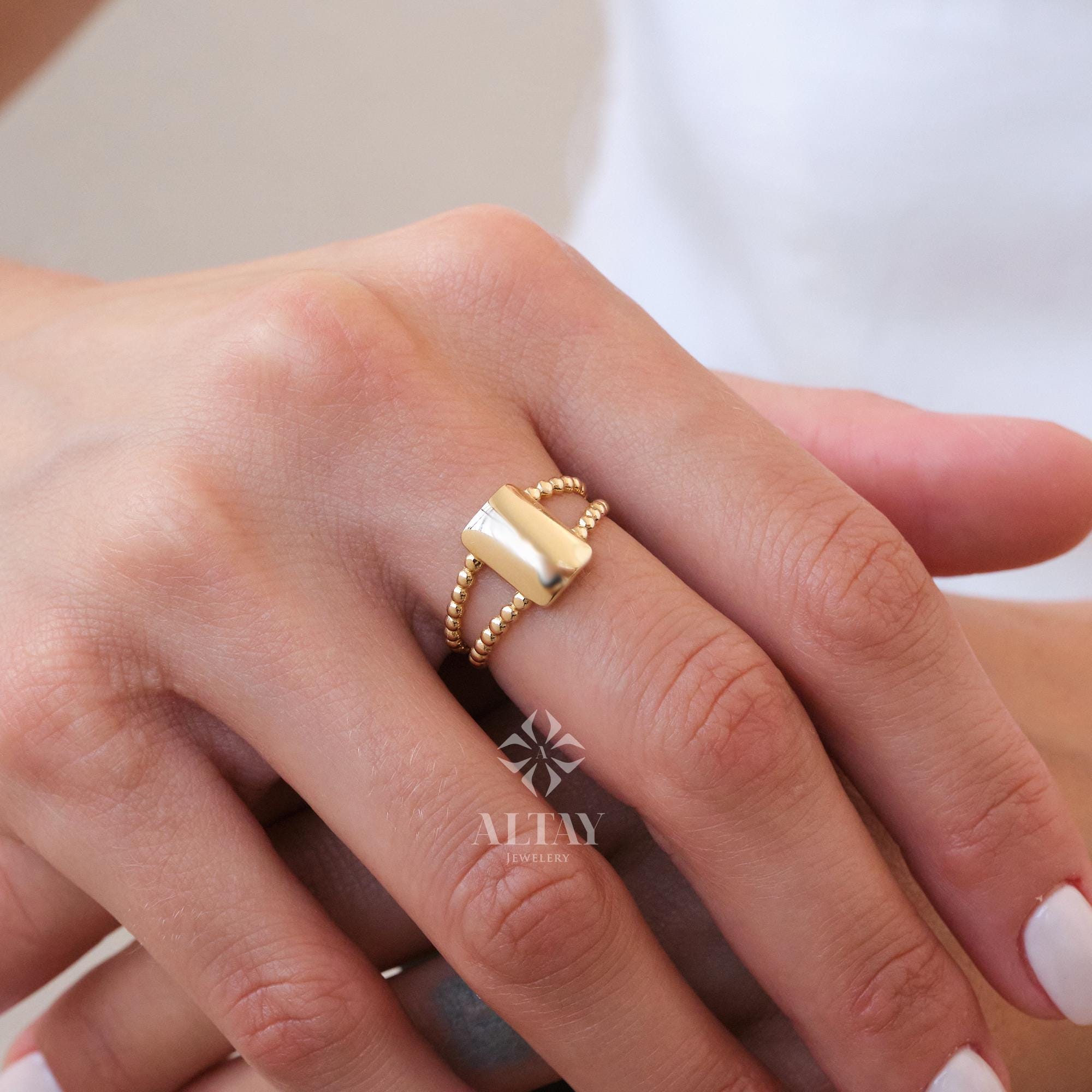 14K Gold Rectangle Name Ring, Plain Stacking Ring, Date Bar Nameplate, Stackable Knuckle, Custom Name Ring, Flower Engraved Personalized