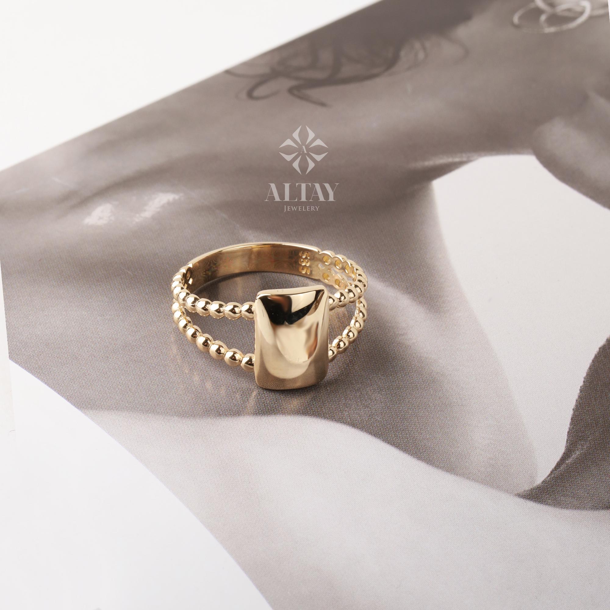 14K Gold Rectangle Name Ring, Plain Stacking Ring, Date Bar Nameplate, Stackable Knuckle, Custom Name Ring, Flower Engraved Personalized