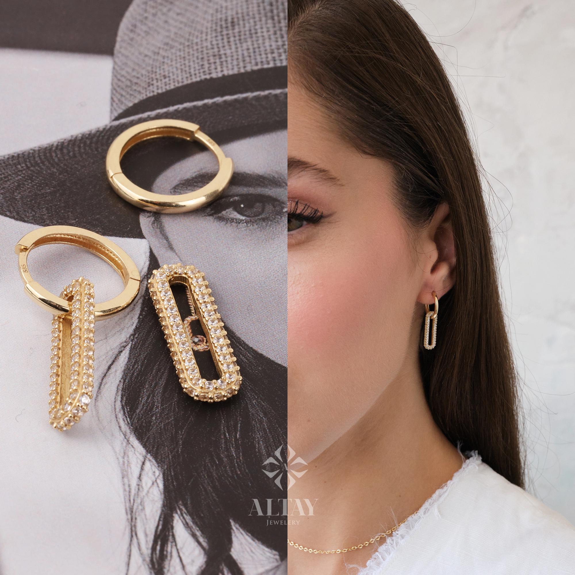 14K Gold Rectangle Earrings, Cz Diamond Hoop Earrings, Tiny Drop Dainty Earring, Dainty Delicate Huggie Gift For Her, Mothers Day Gift