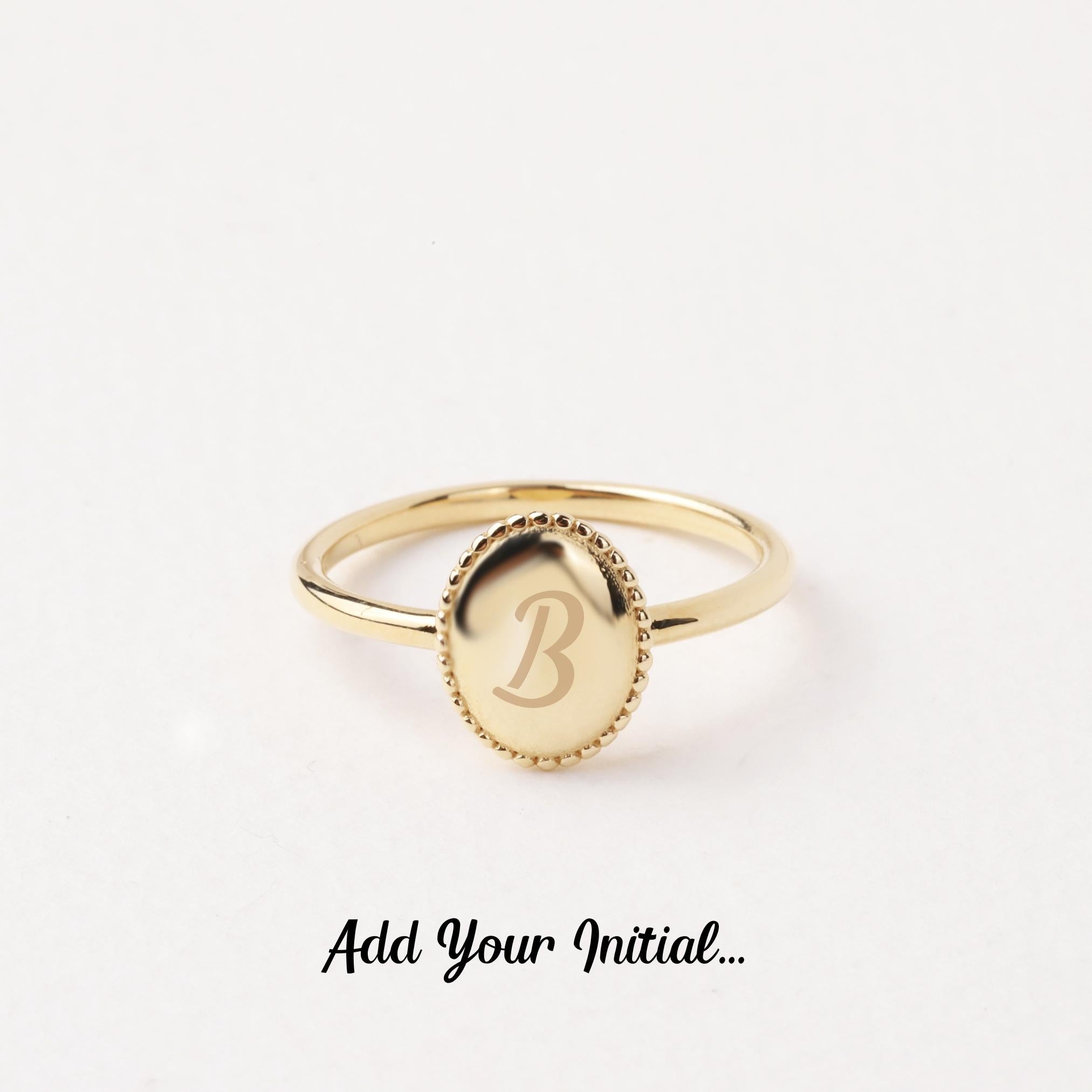 14K Gold Oval Signet Ring, Personalized Initial Ring, Minimalist Ring, Gold Letter Ring, Dainty Letter Ring, Single Bead Pinky Ring, Gift