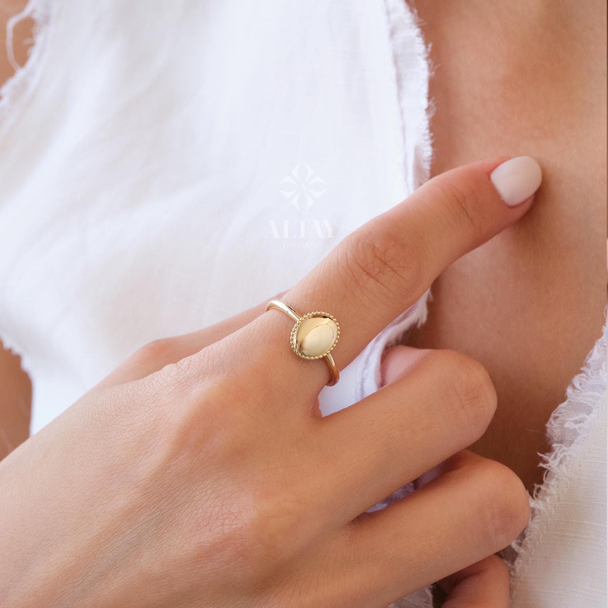 14K Gold Oval Signet Ring, Personalized Initial Ring, Minimalist Ring, Gold Letter Ring, Dainty Letter Ring, Single Bead Pinky Ring, Gift