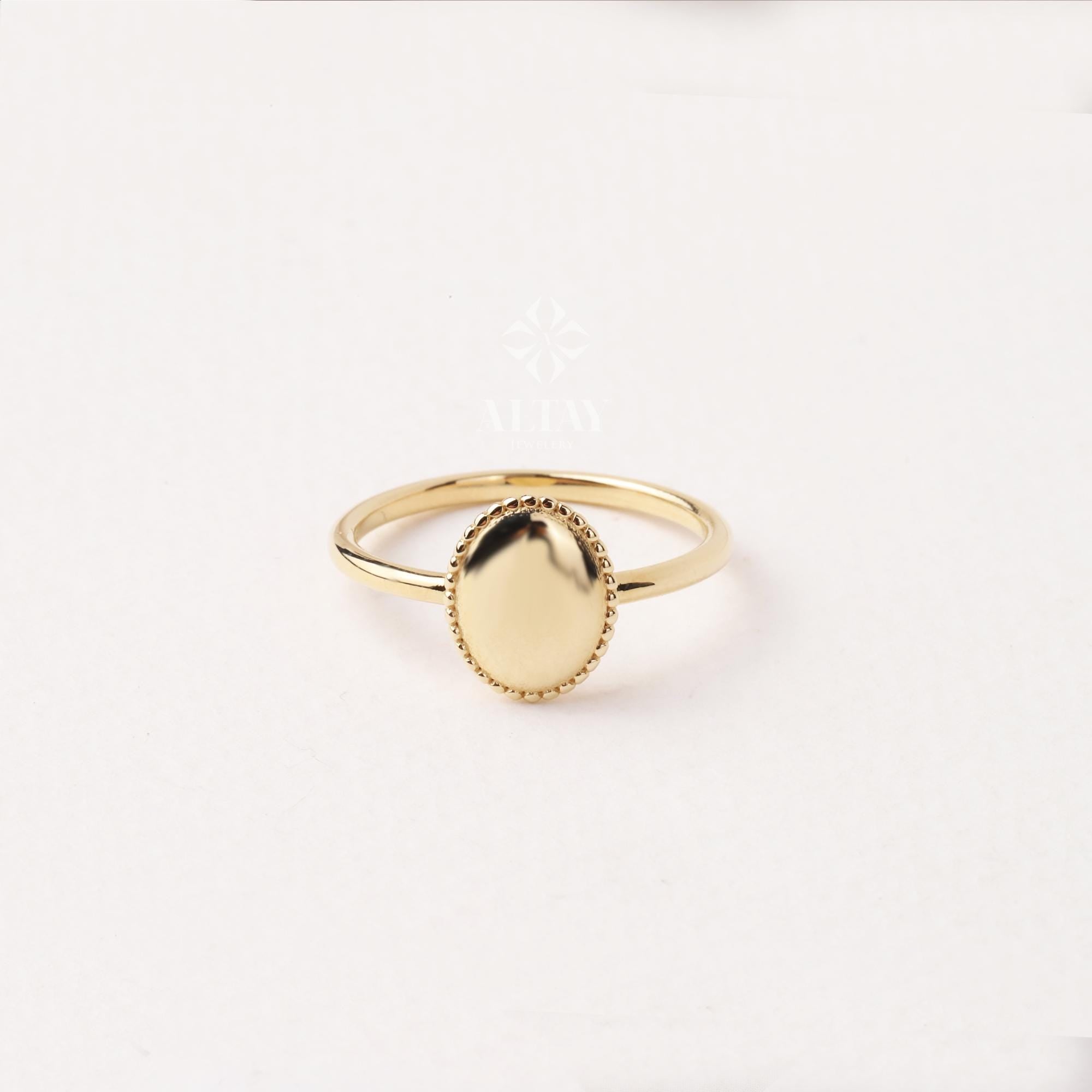 14K Gold Oval Signet Ring, Personalized Initial Ring, Minimalist Ring, Gold Letter Ring, Dainty Letter Ring, Single Bead Pinky Ring, Gift