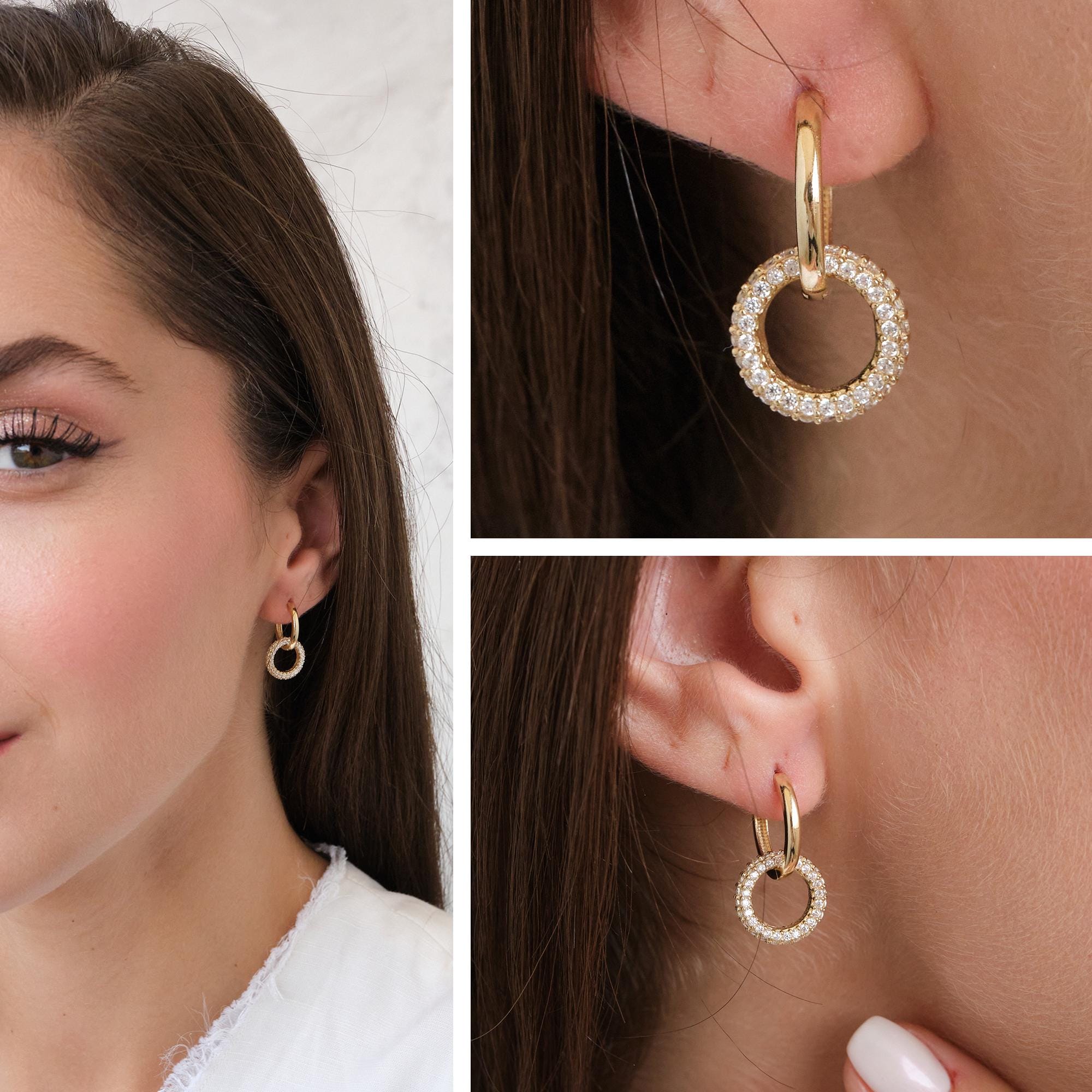 14K Gold Dangling Drop Earrings, Cz Diamond Earrings, Cartilage Upper Earlobe, Small Huggie Hoops, Bridal Earrings, Anniversary Gift