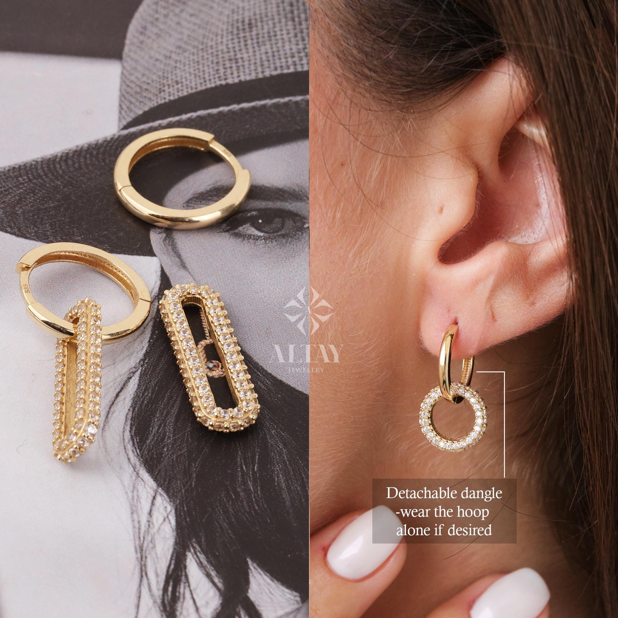 14K Gold Dangling Drop Earrings, Cz Diamond Earrings, Cartilage Upper Earlobe, Small Huggie Hoops, Bridal Earrings, Anniversary Gift