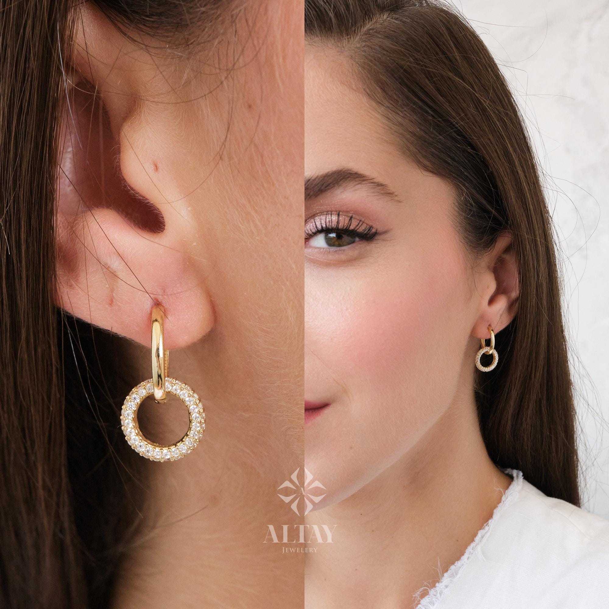 14K Gold Dangling Drop Earrings, Cz Diamond Earrings, Cartilage Upper Earlobe, Small Huggie Hoops, Bridal Earrings, Anniversary Gift