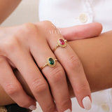 14K Gold Birthstone Ring, Emerald Gemstone Vintage Gold Stackable Ring