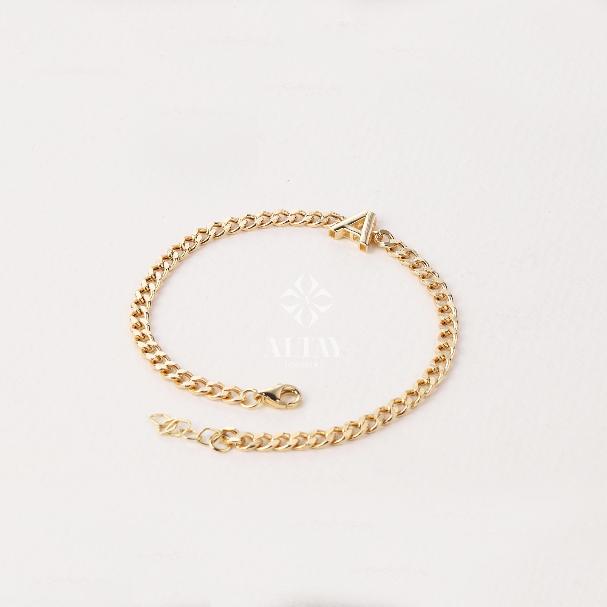 14K Gold Cuban Link Initial Bracelet, 3.5 mm Curb Letter Chain, Custom Miami Cuban Bold Link, Personalized Bracelet, Name Gift For Her Men