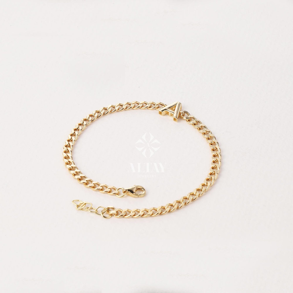 14K Gold Cuban Link Initial Bracelet, 3.5 mm Curb Letter Chain, Custom Miami Cuban Bold Link, Personalized Bracelet, Name Gift For Her Men