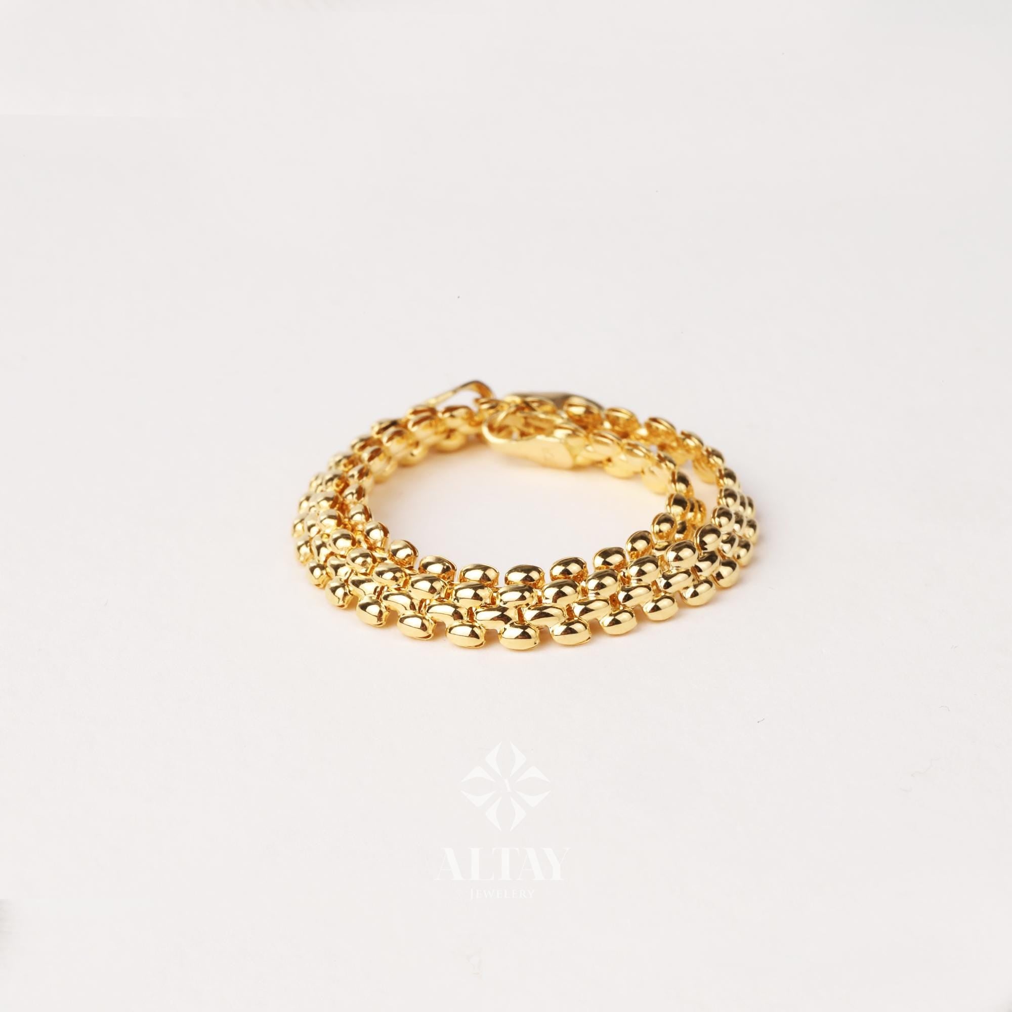 14K Gold Popcorn Bracelet, 4.5mm Curb Wrist Chain, Gold Herringbone Stack Link Chain, Braided Bismark Bracelet, Valentine's Day Gift