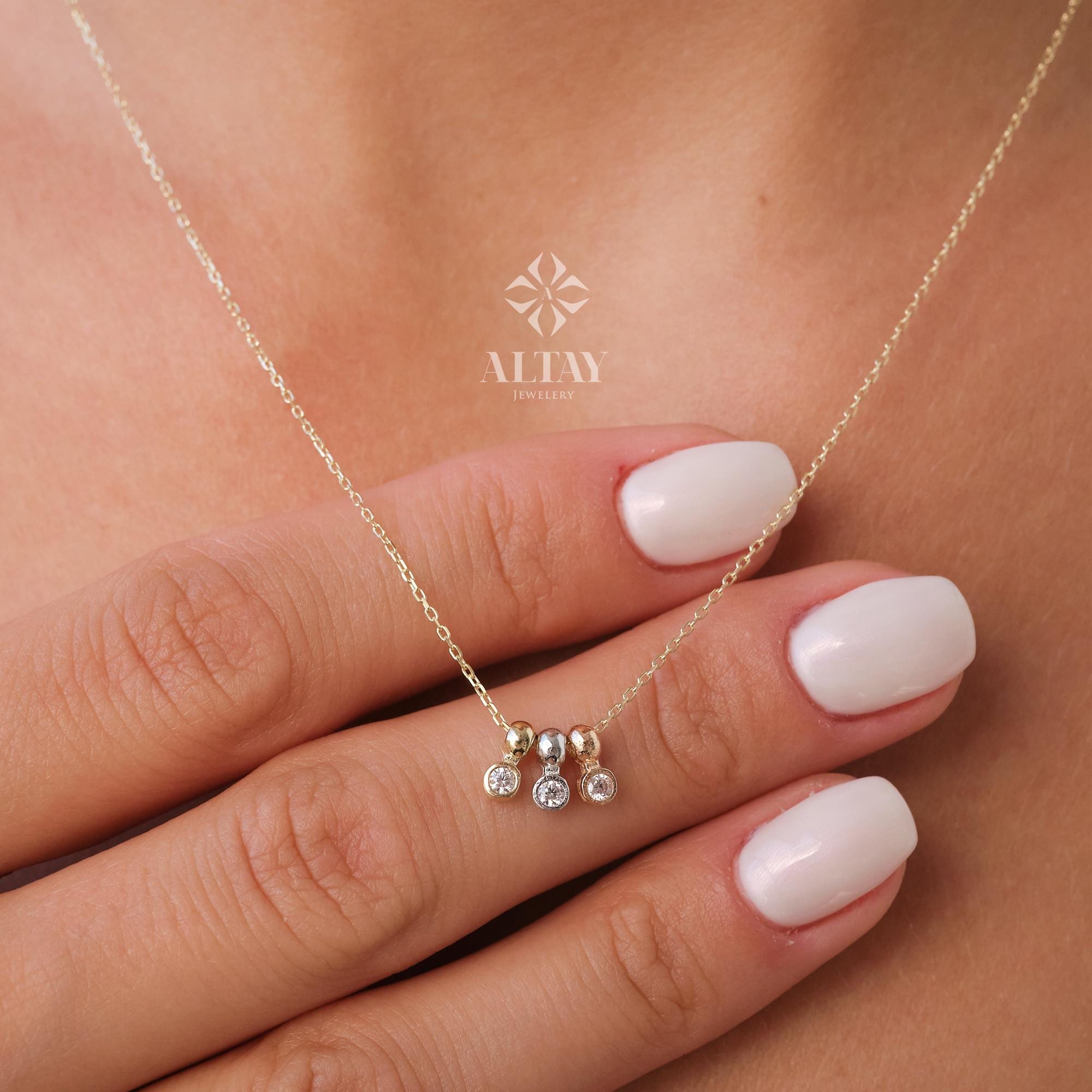 14K Gold Bezel Necklace, CZ Tri-Color Gold Charm, Natural Brilliant Cut Bezel Necklace, Dainty Gold Choker, Bridesmaid Gift, Christmas
