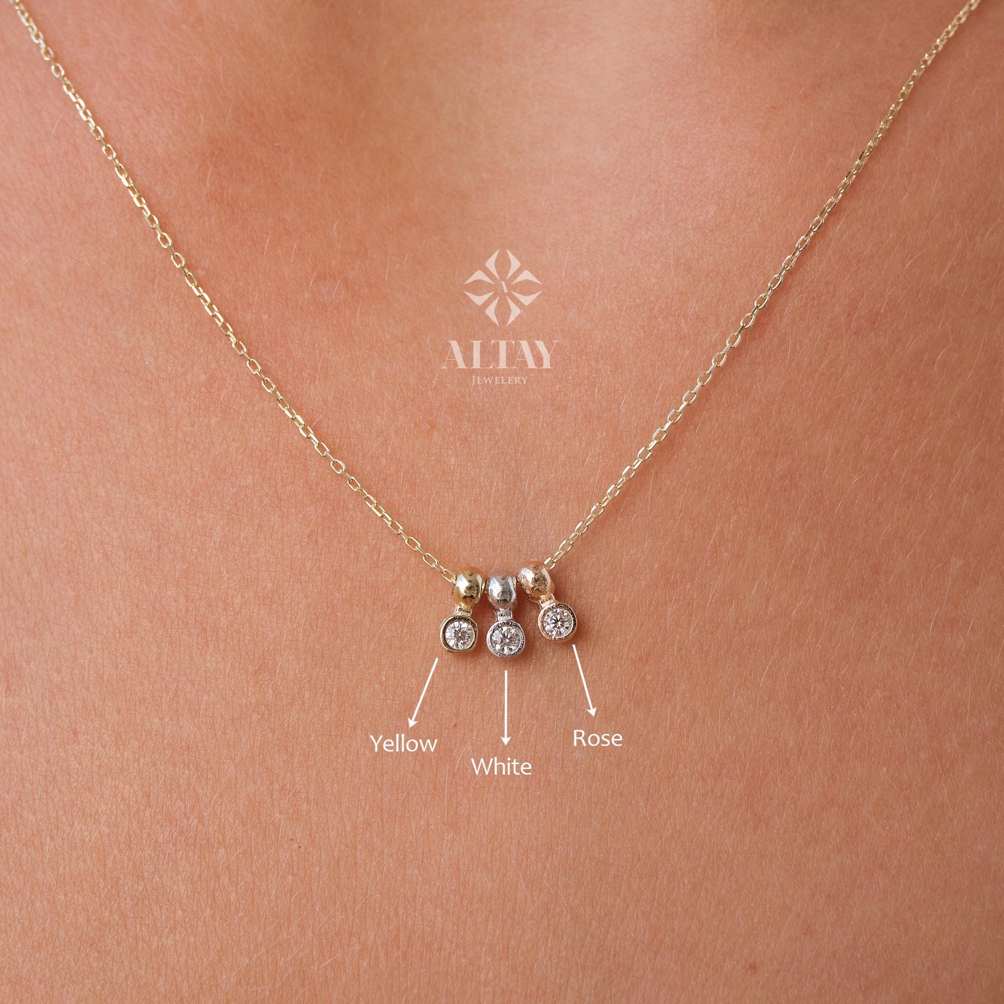 14K Gold Bezel Necklace, CZ Tri-Color Gold Charm, Natural Brilliant Cut Bezel Necklace, Dainty Gold Choker, Bridesmaid Gift, Christmas