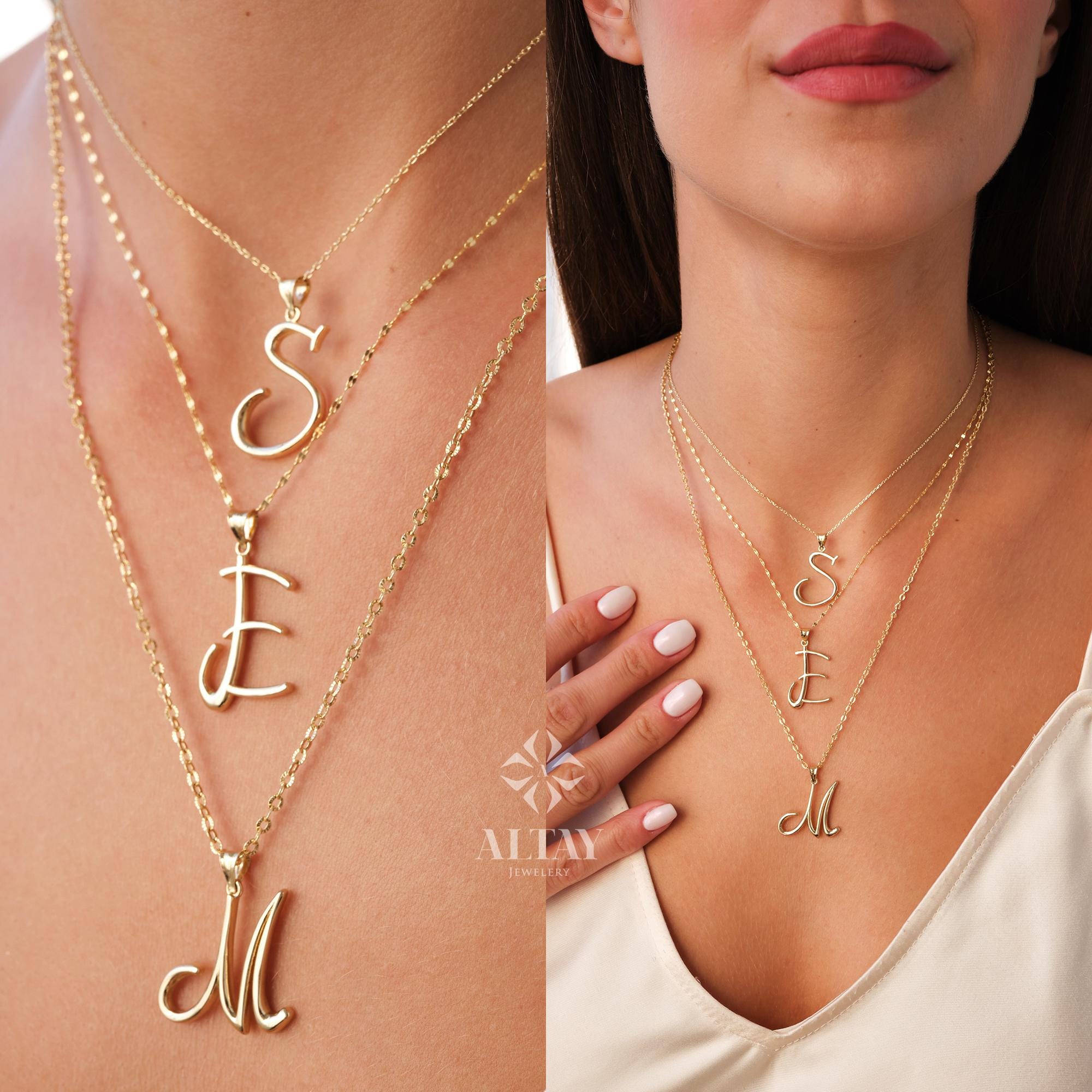 14K Gold Initial Necklace, Custom Cursive Letter Pendant, Real Gold Alphabet Charm Necklace, Personalized Gift for Her, Dainty Jewelry