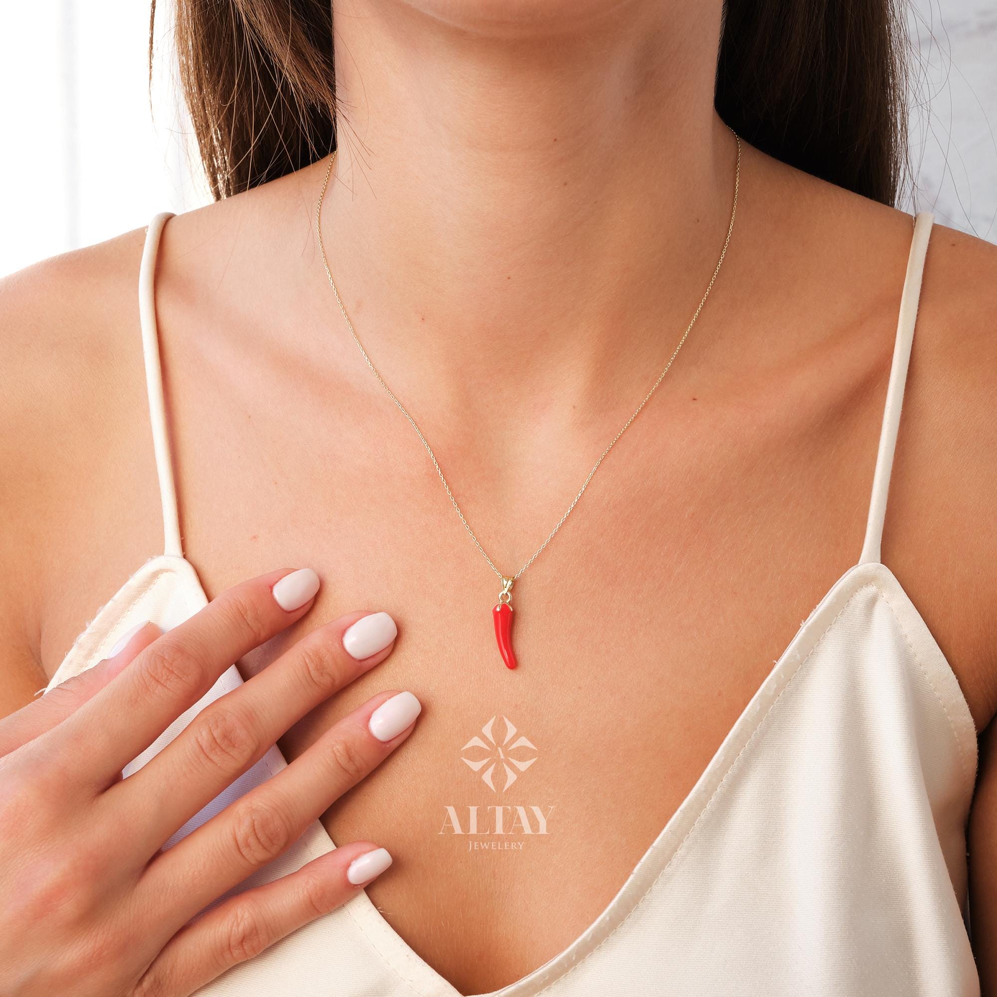 14K Gold Red Horn Necklace, Italian Cornicello Amulet, Chili Pepper Pendant, Lucky Talisman Jewelry, Evil Eye Protection Gift