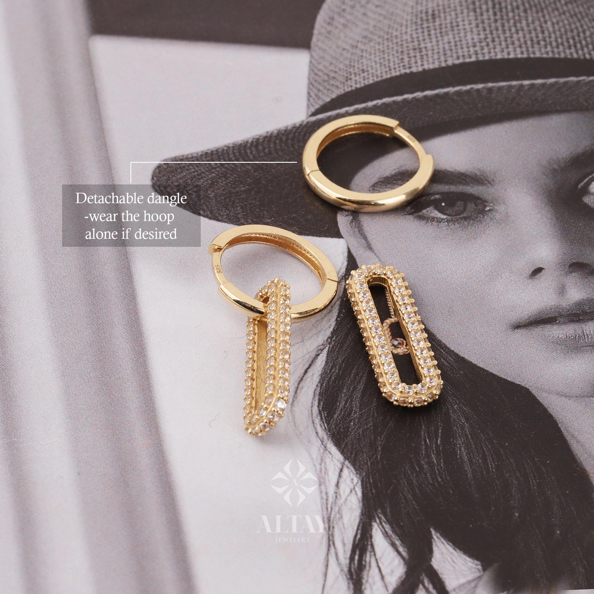 14K Gold Rectangle Earrings, Cz Diamond Hoop Earrings, Tiny Drop Dainty Earring, Dainty Delicate Huggie Gift For Her, Mothers Day Gift