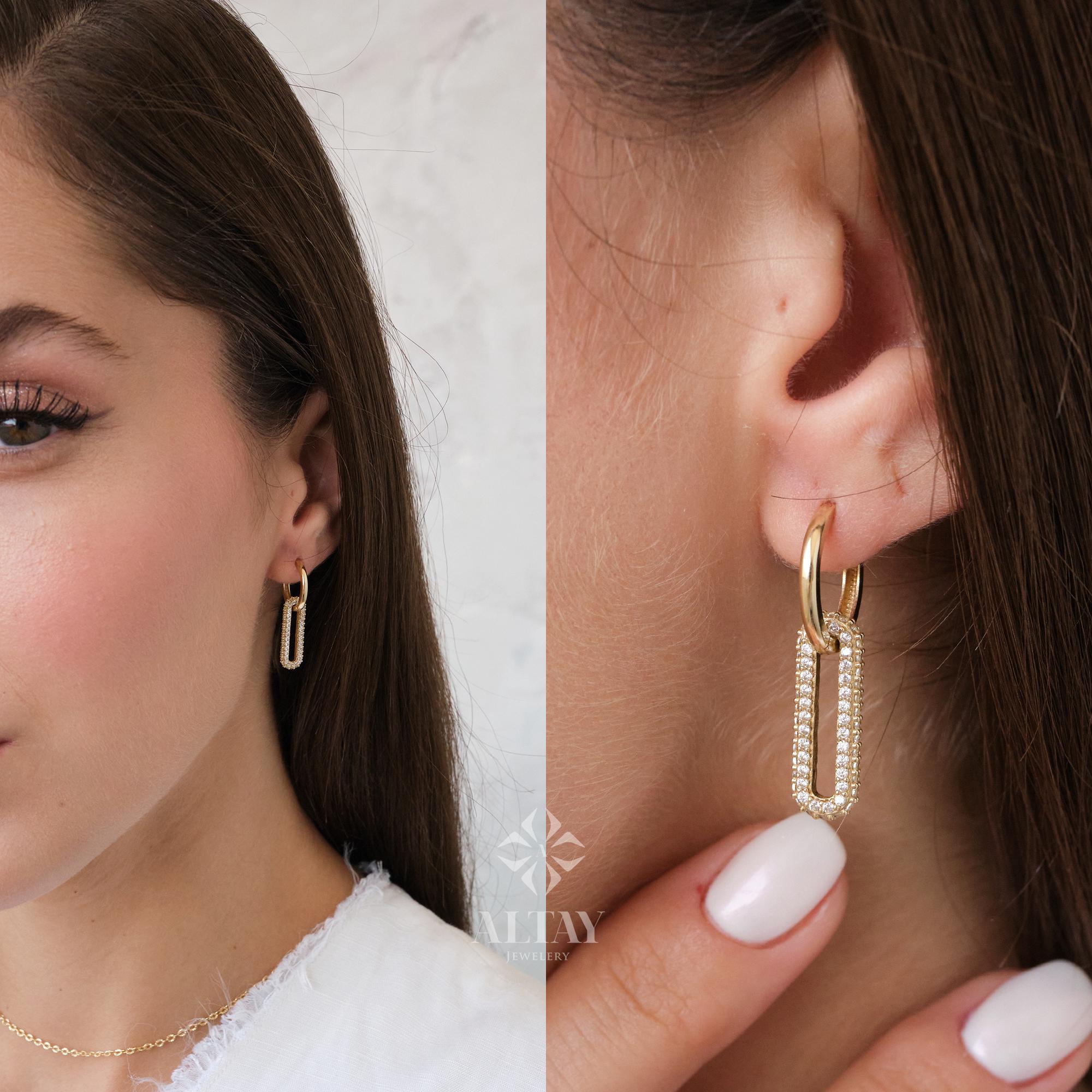 14K Gold Rectangle Earrings, Cz Diamond Hoop Earrings, Tiny Drop Dainty Earring, Dainty Delicate Huggie Gift For Her, Mothers Day Gift