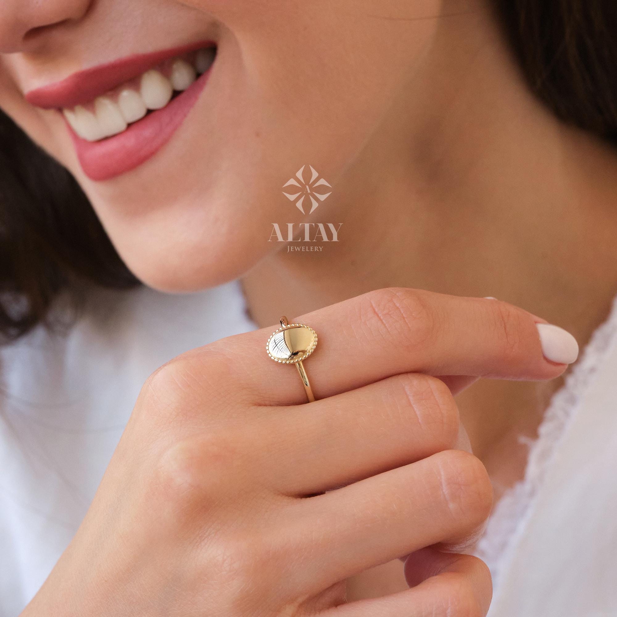 14K Gold Oval Signet Ring, Personalized Initial Ring, Minimalist Ring, Gold Letter Ring, Dainty Letter Ring, Single Bead Pinky Ring, Gift