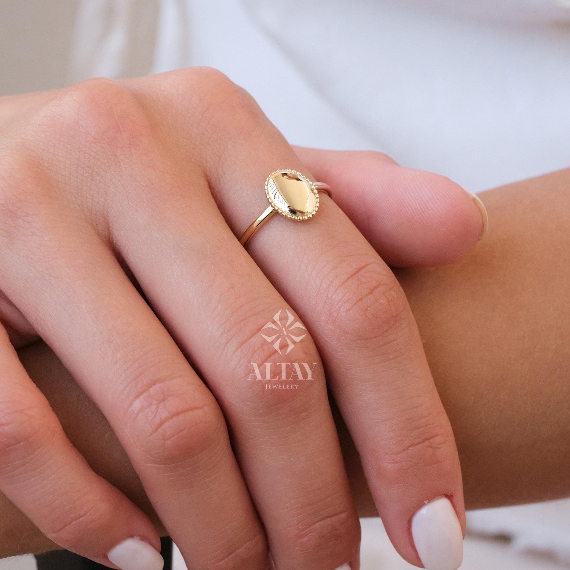 14K Gold Oval Signet Ring, Personalized Initial Ring, Minimalist Ring, Gold Letter Ring, Dainty Letter Ring, Single Bead Pinky Ring, Gift