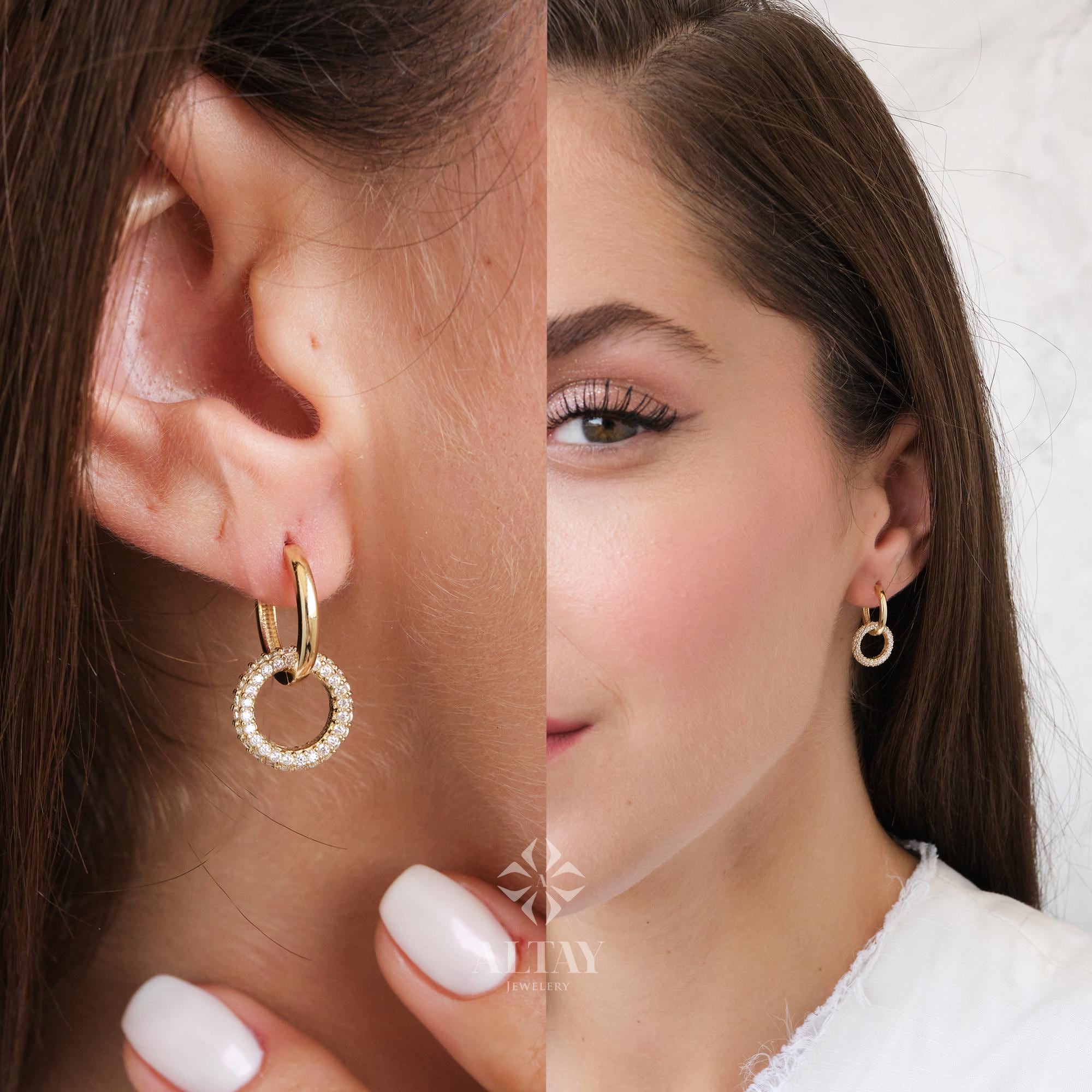 14K Gold Dangling Drop Earrings, Cz Diamond Earrings, Cartilage Upper Earlobe, Small Huggie Hoops, Bridal Earrings, Anniversary Gift